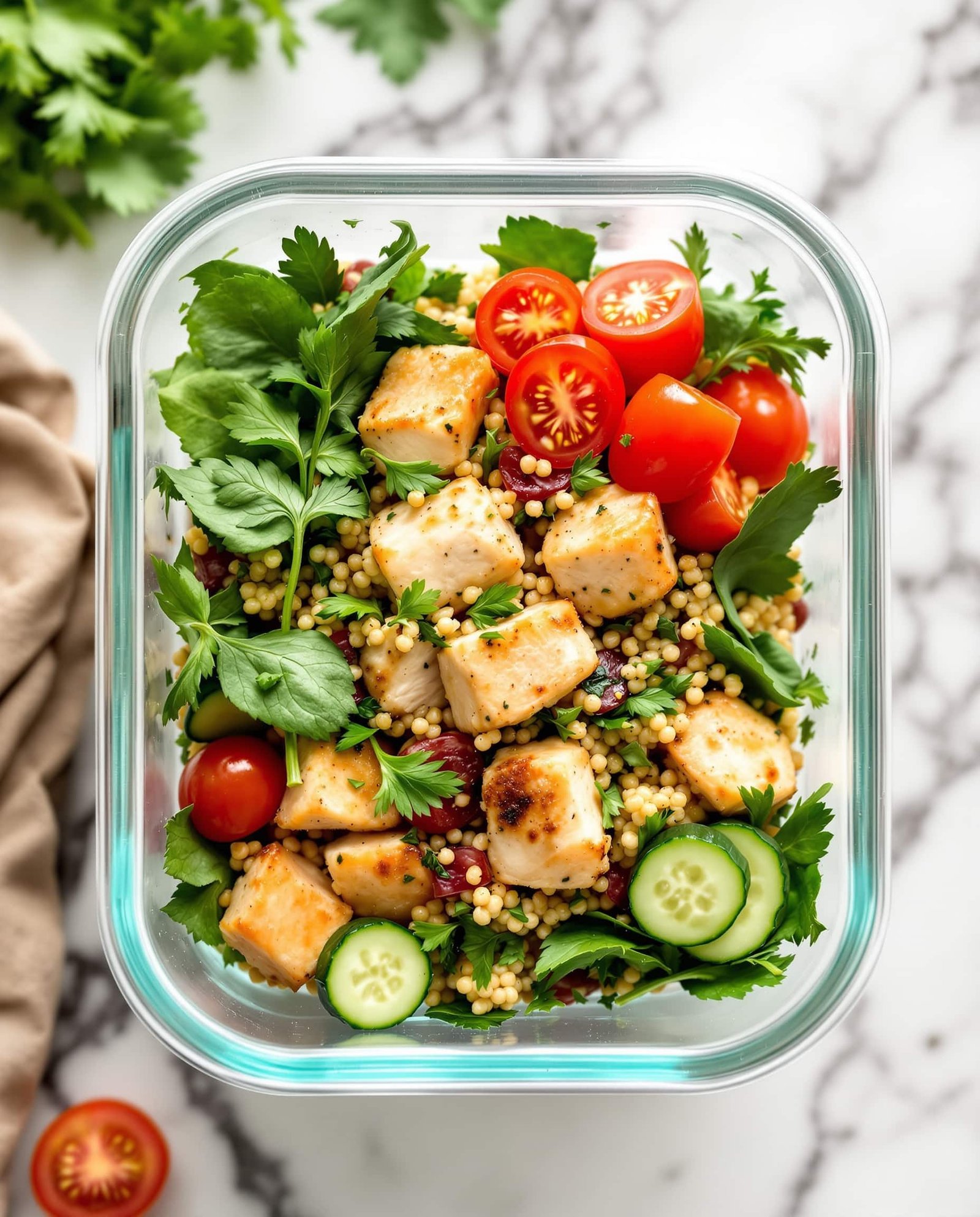 Close-up of GLP1 meal prep high protein chicken in a glass container.