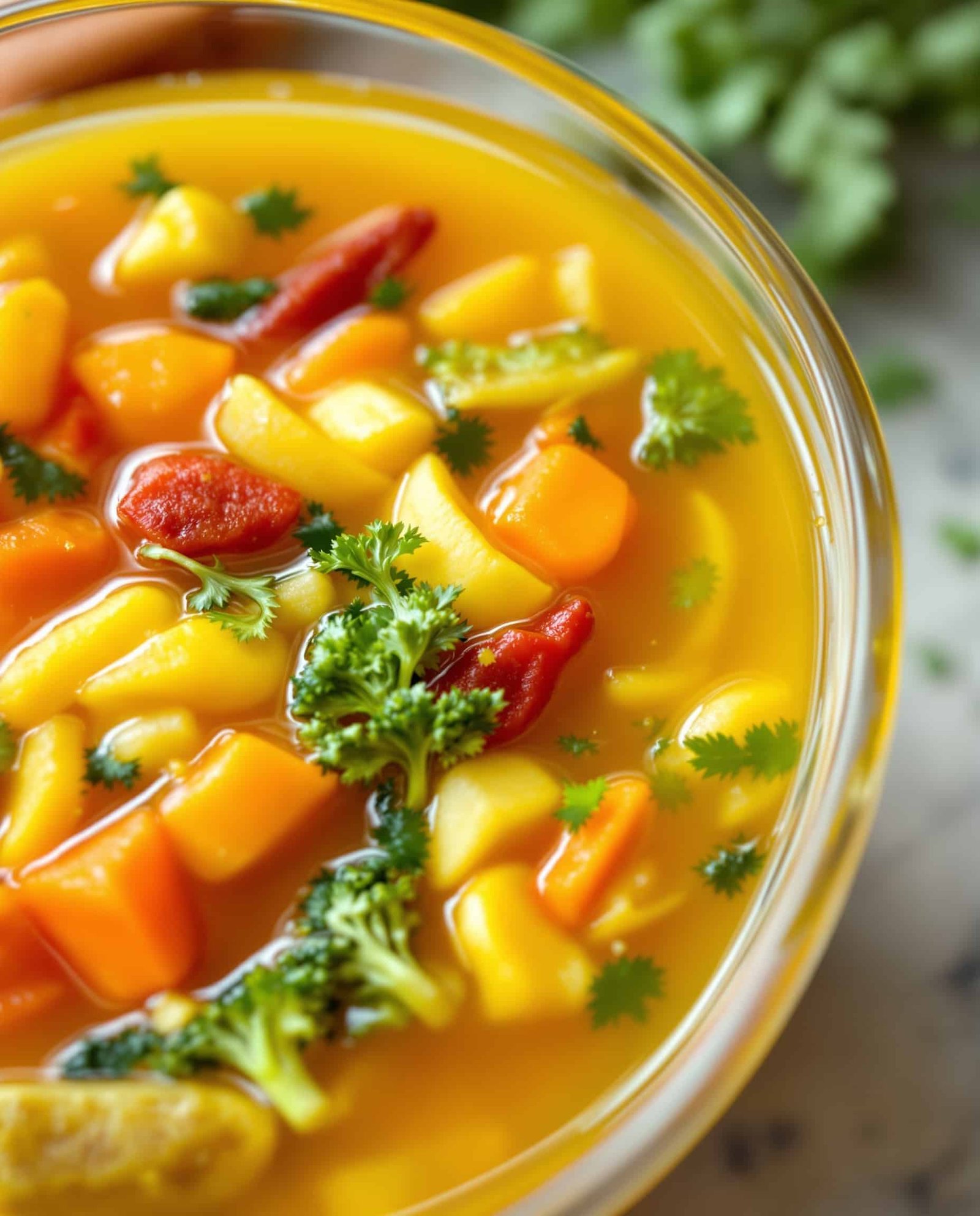Close-up of multicolore gut healing turmeric broth with vegetables.