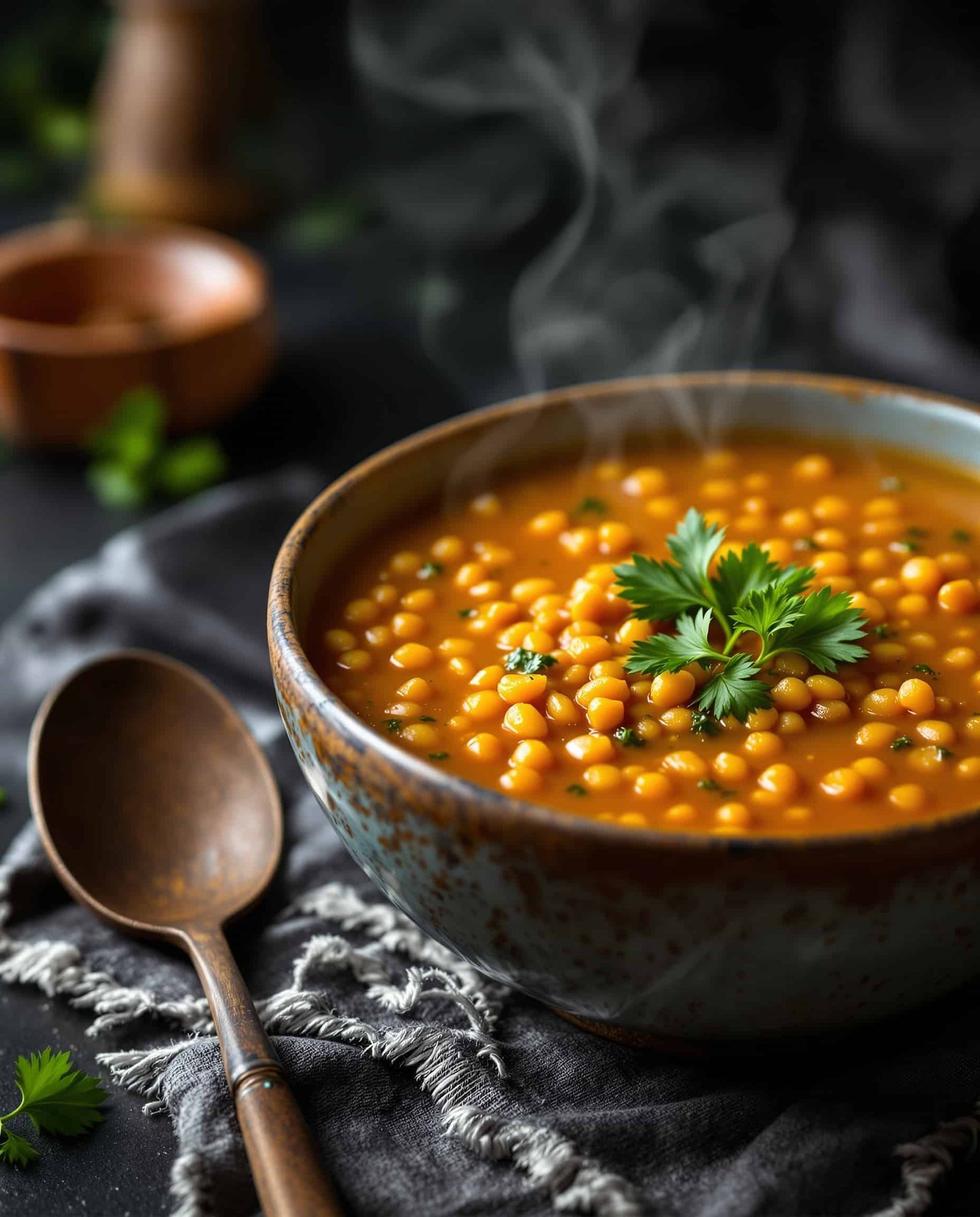 Close-up of vert-orange high fiber low calorie lentil soup with parsley.