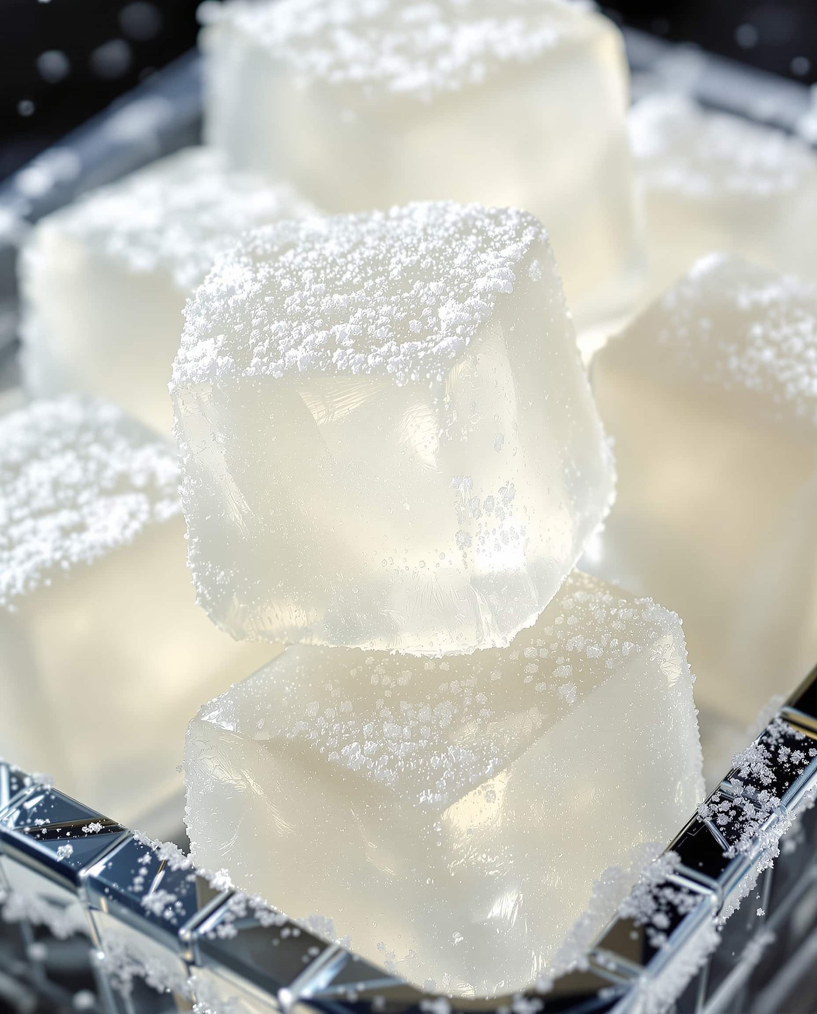 Close-up of blanc transparent firm ice gelatin trick cubes.