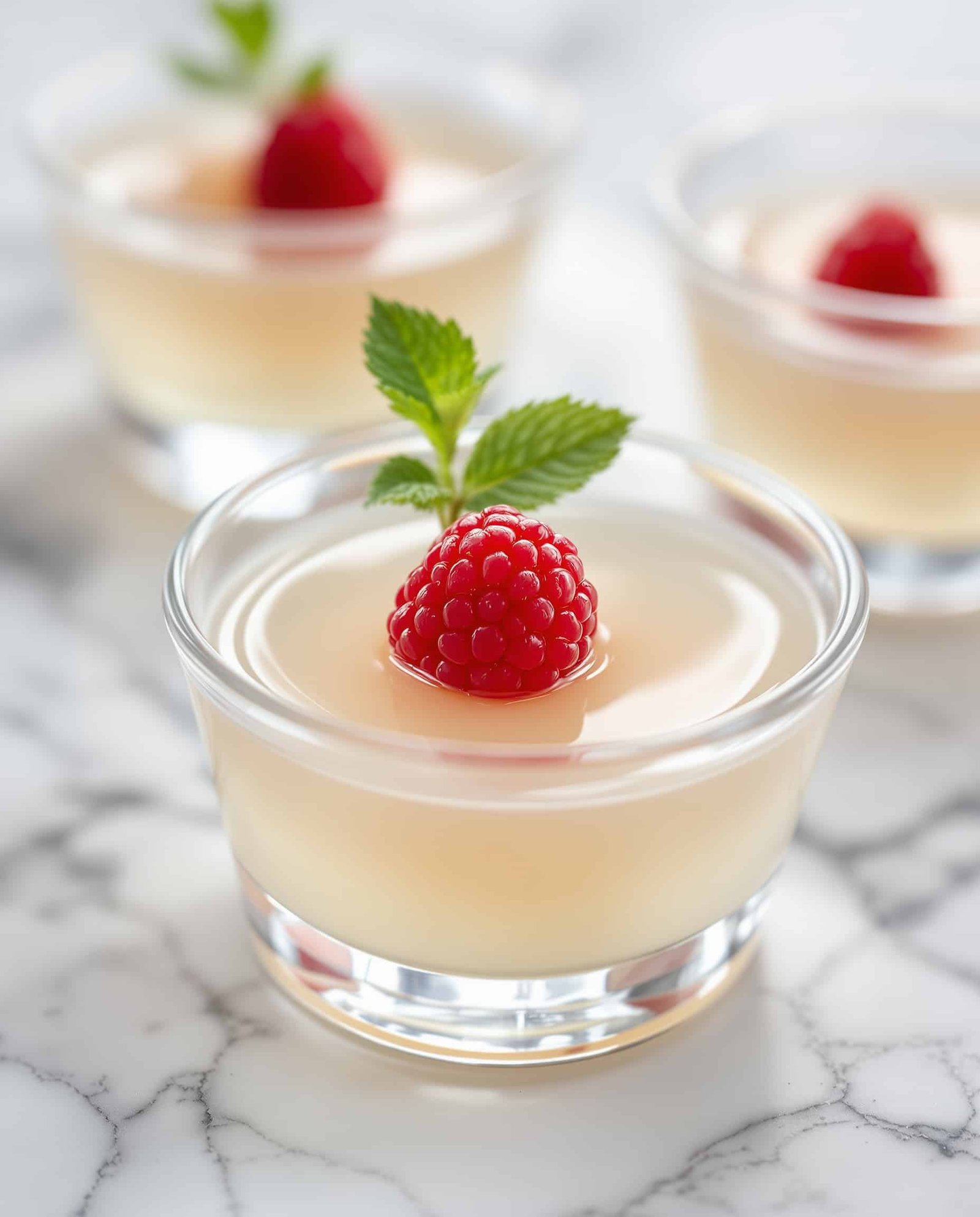 Close-up of Jillian Michaels gelatin trick dessert with raspberry.