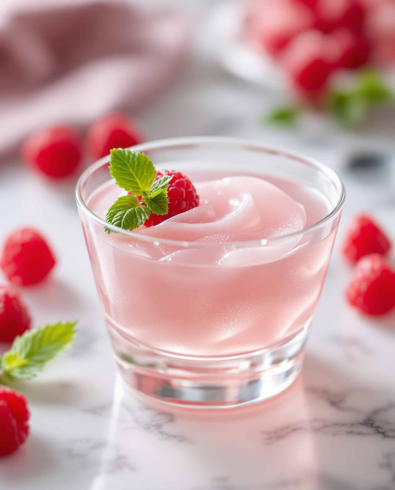 Close-up of Jillian Michaels gelatin trick recipe with raspberry.