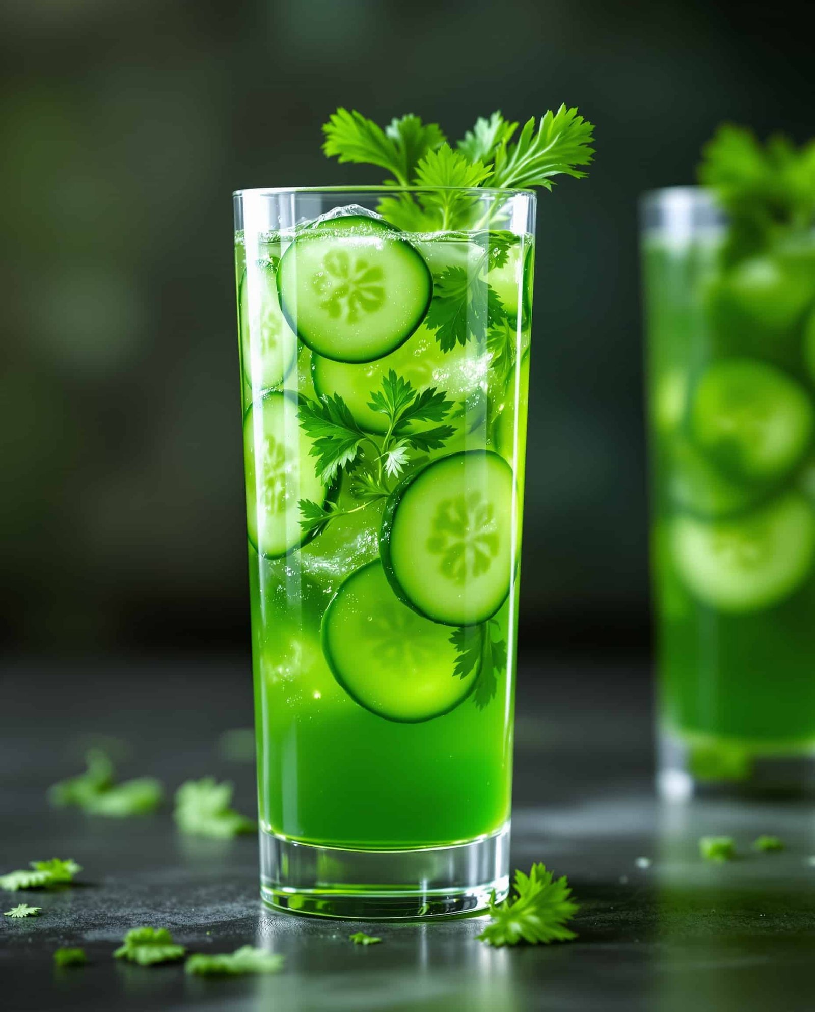 Close-up of vibrant green lymphatic drainage juice recipe with cucumber and herbs.
