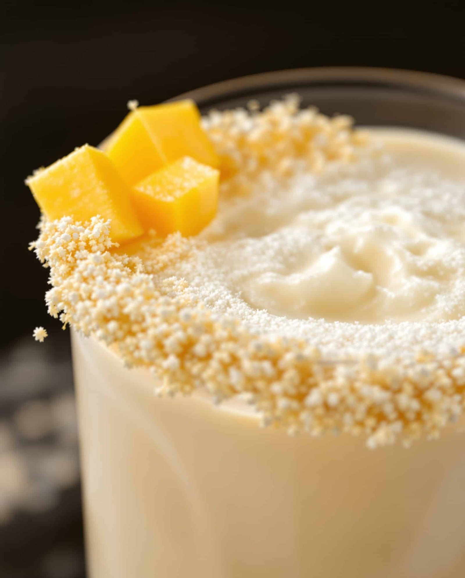 Close-up of bright blanc mango collagen smoothie.