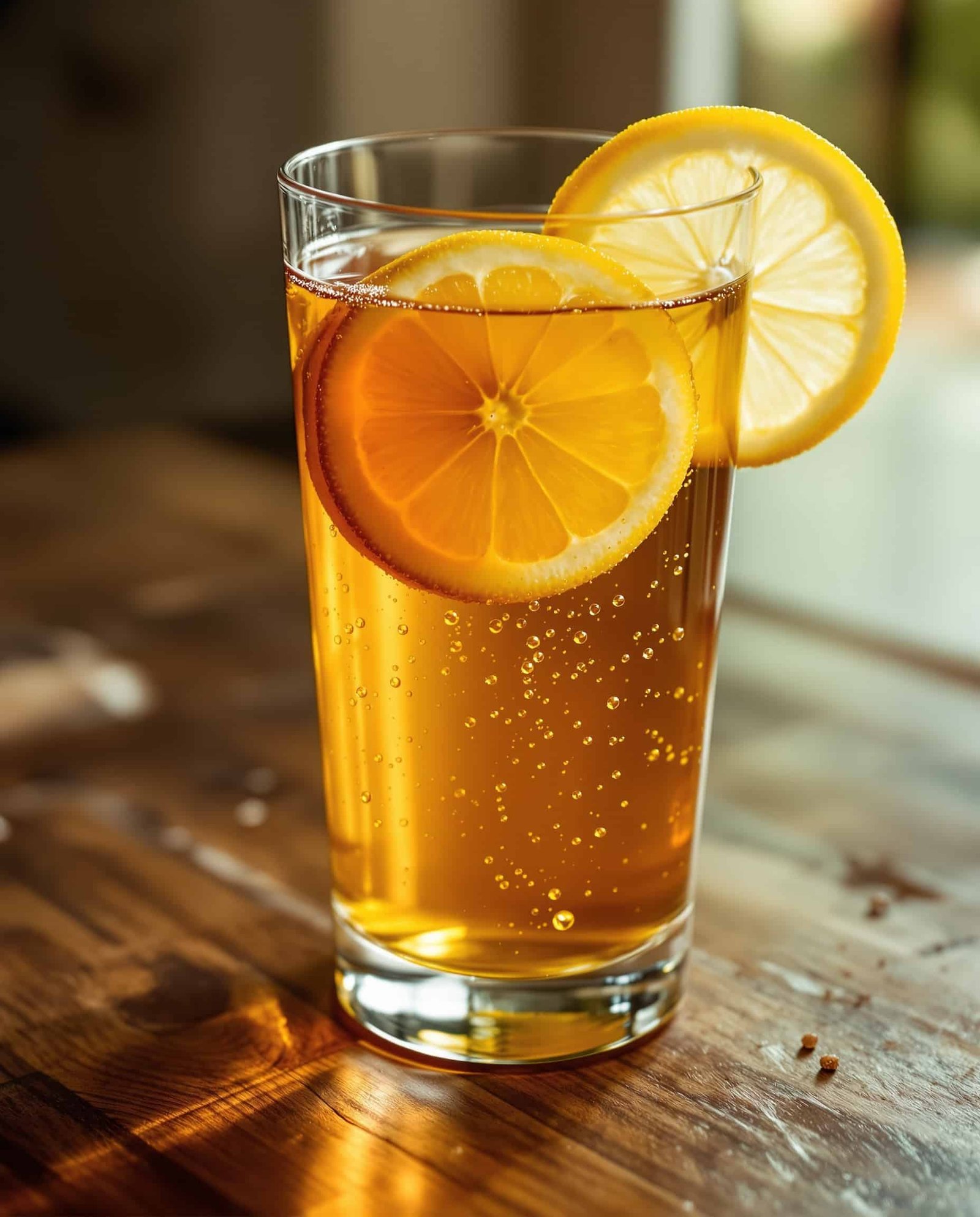 Close-up of ambre-doré morning ACV ritual with lemon.