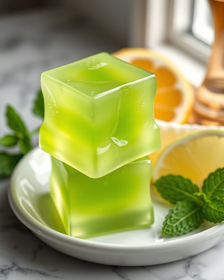 Close-up of vibrant green natural Wegovy jello cubes