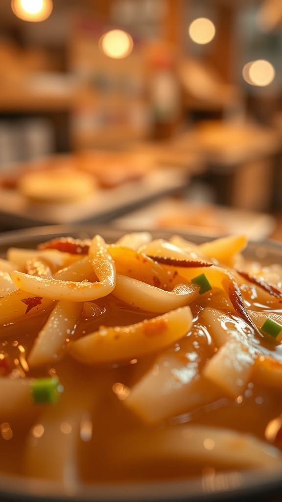 Close-up of tender boiled onions in savory broth