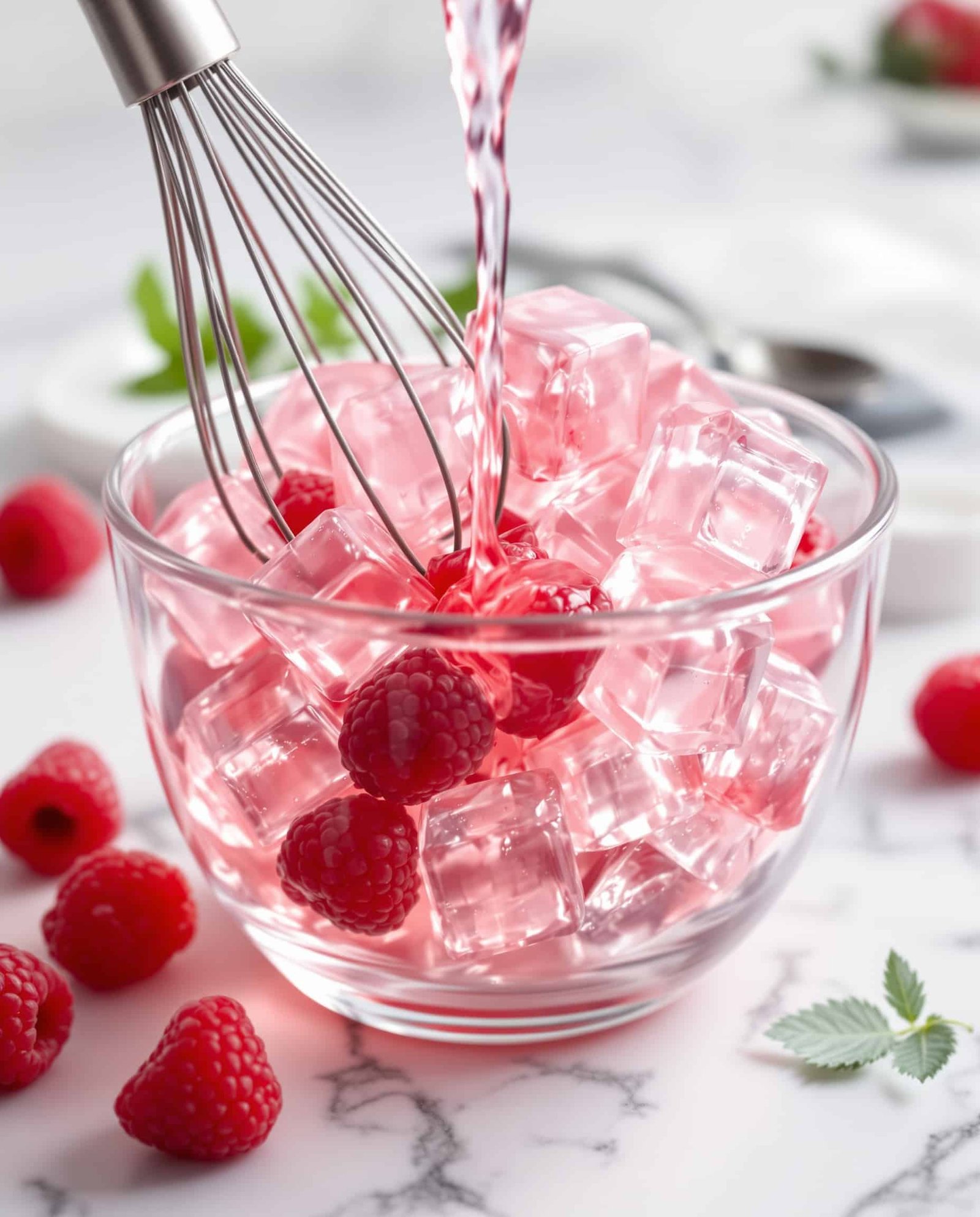 Close-up of pink gelatin trick ingredients, showing jiggly texture.