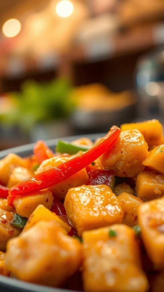 Close-up of chicken and bell pepper stir-fry.
