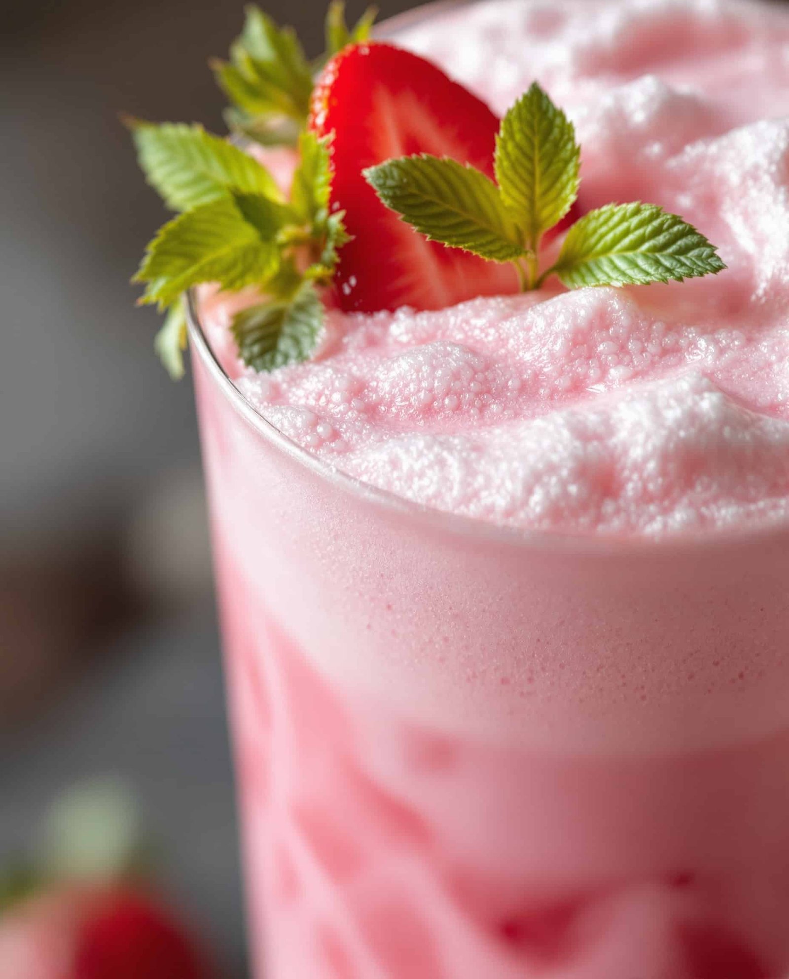 Close-up of frothy rose strawberry cold foam.