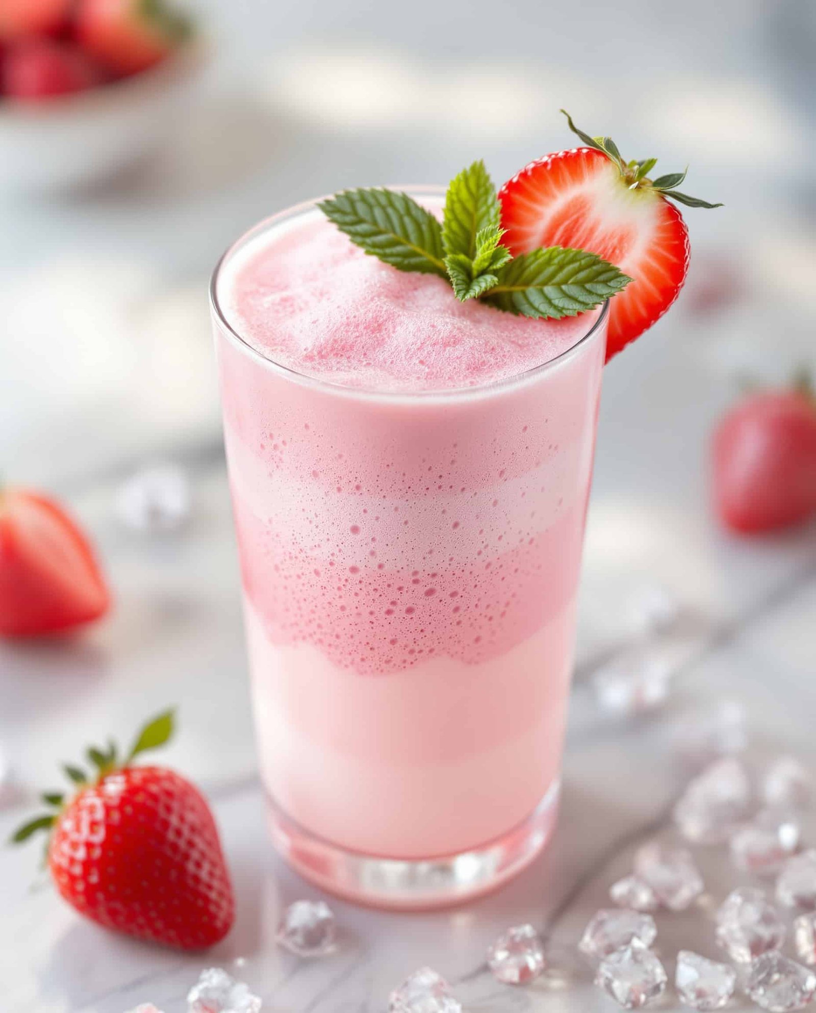 Close-up of frothy rose pastel strawberry cold foam.