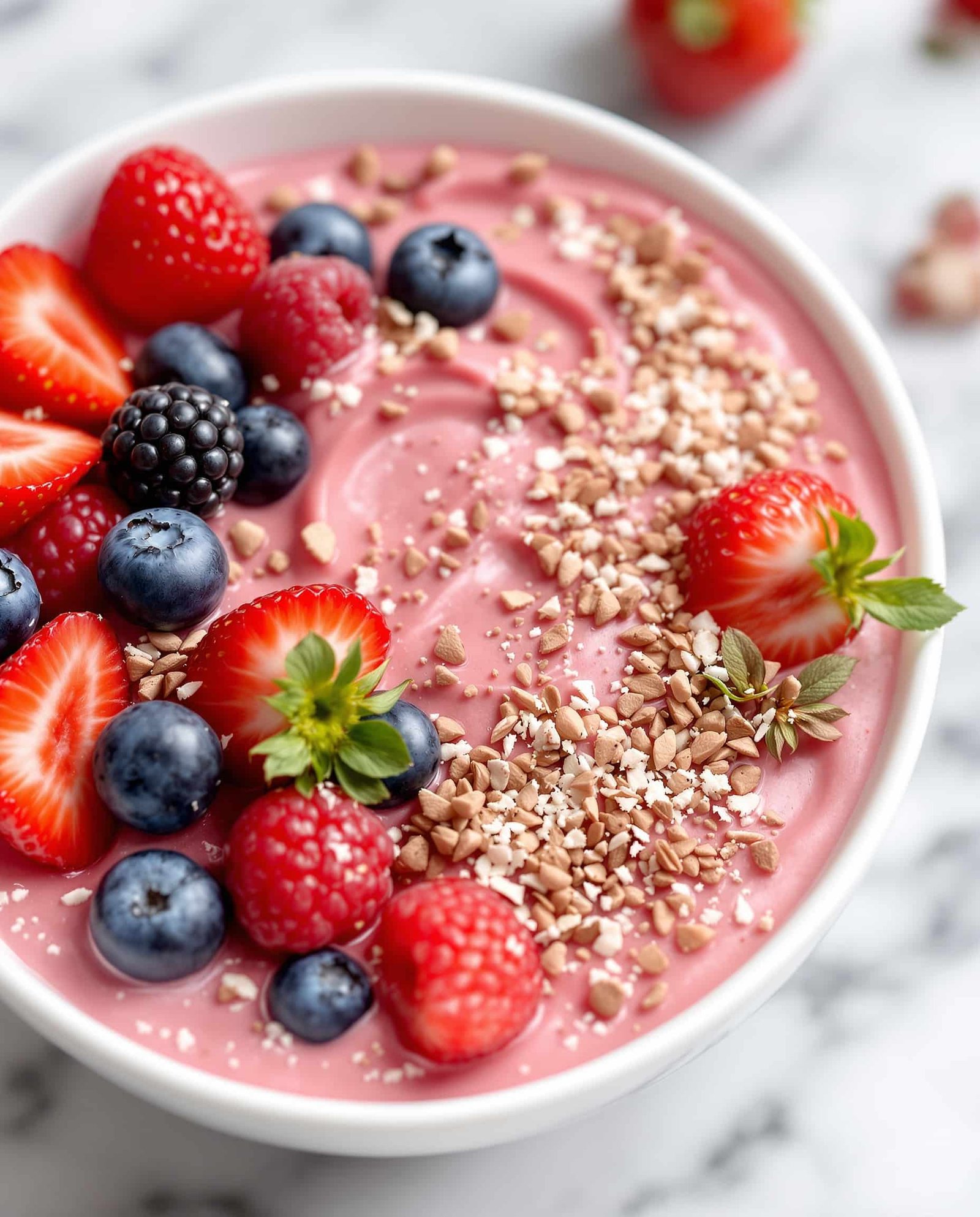 Close-up of creamy rose-rouge strawberry collagen smoothie bowl.