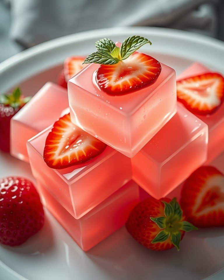 Close-up of beautiful pink strawberry gelatin cubes with fresh strawberry garnish.