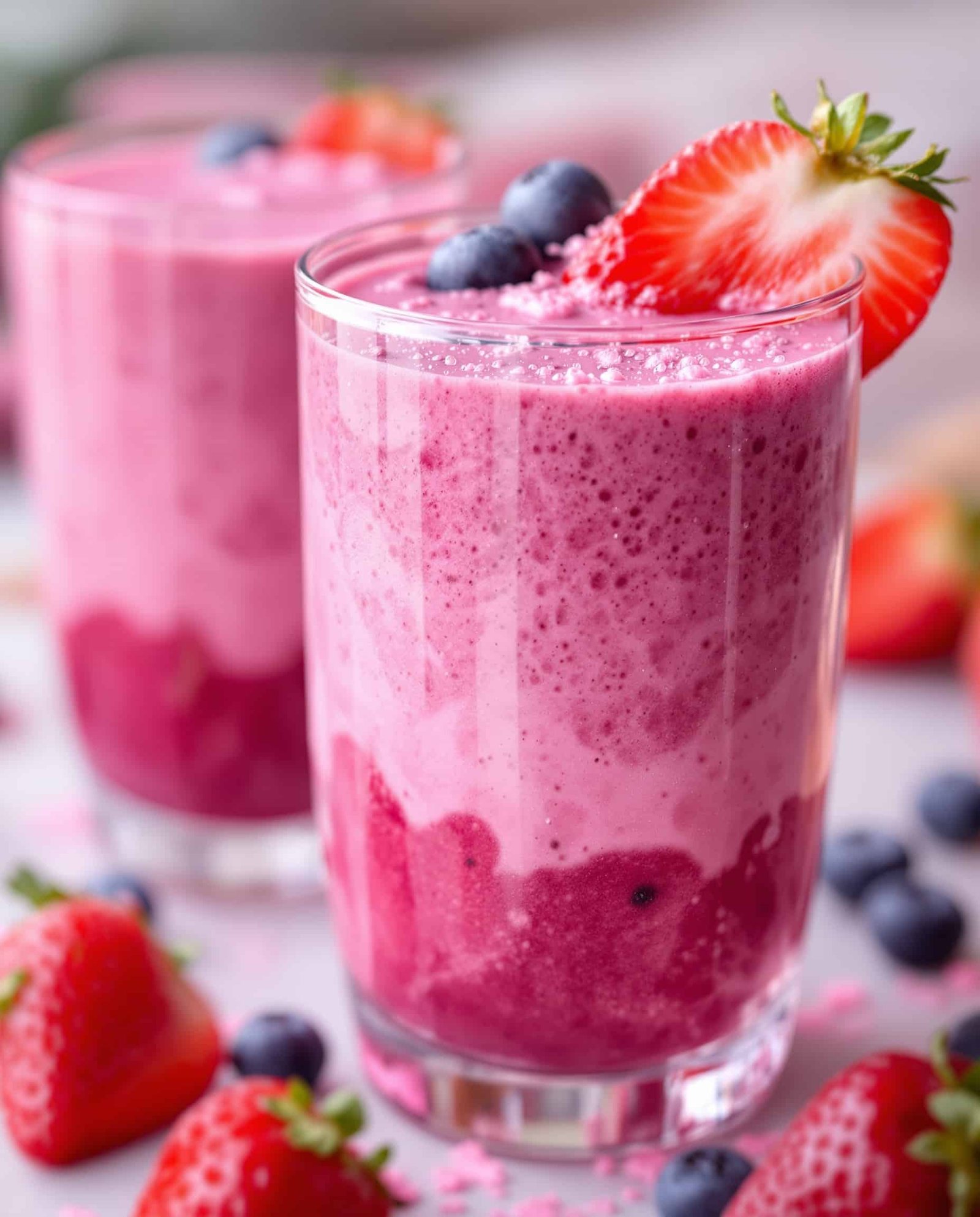 Close-up of a violet-rose strawberry smoothie with berry garnish.