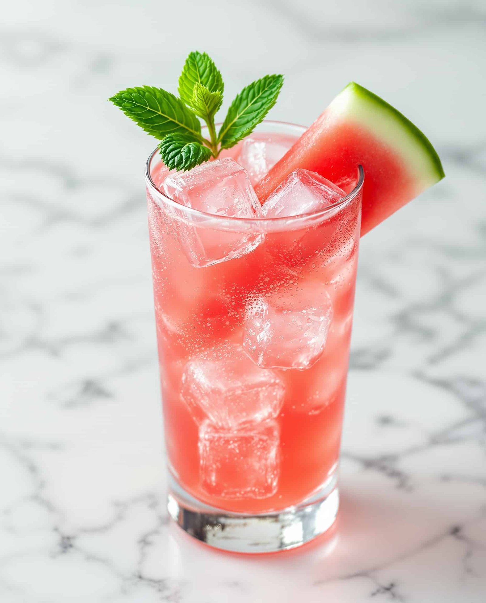 Close-up of refreshing green watermelon juice with mint garnish.