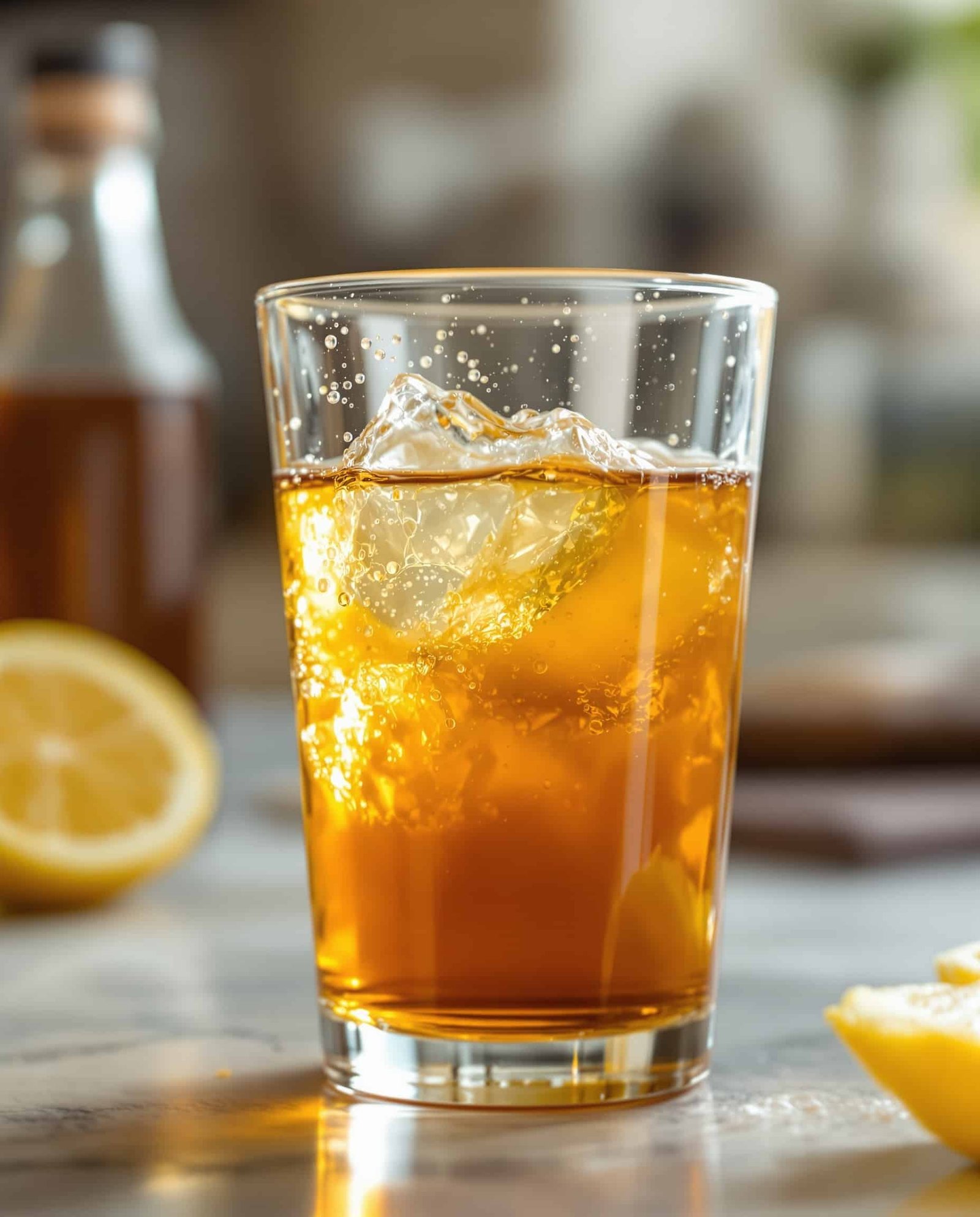 Close-up of ambre-doré ACV before meal drink.