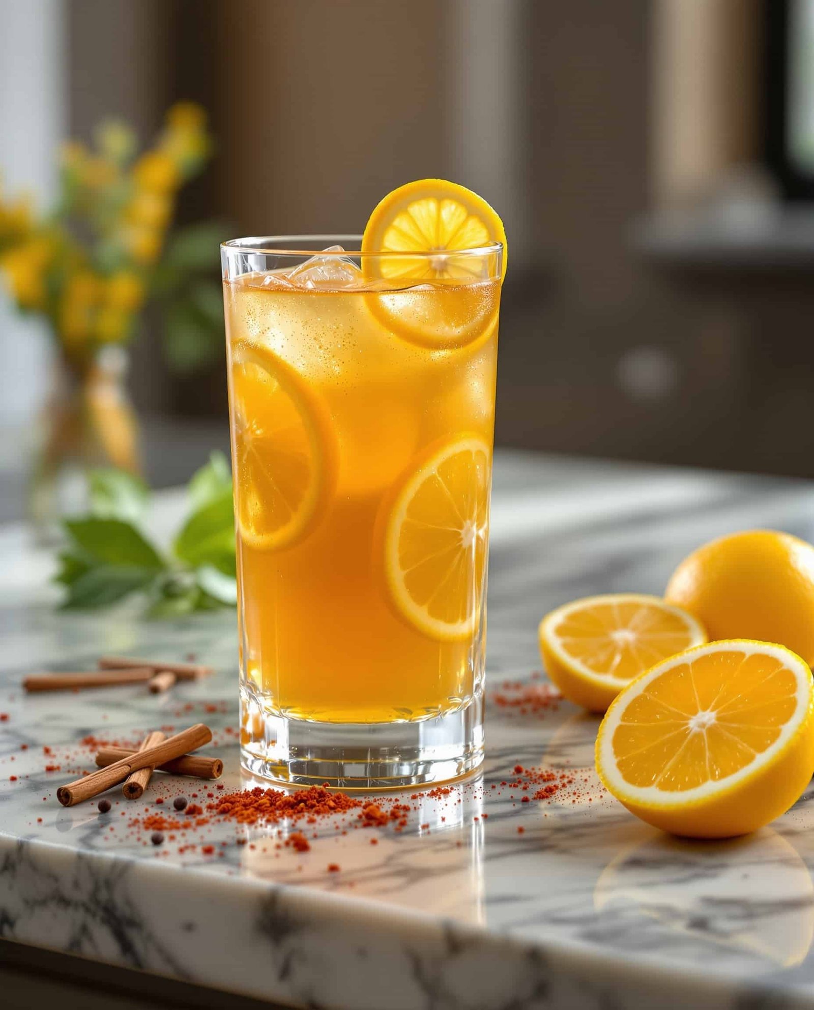 Close-up of ambre-orange ACV metabolism booster with lemon.