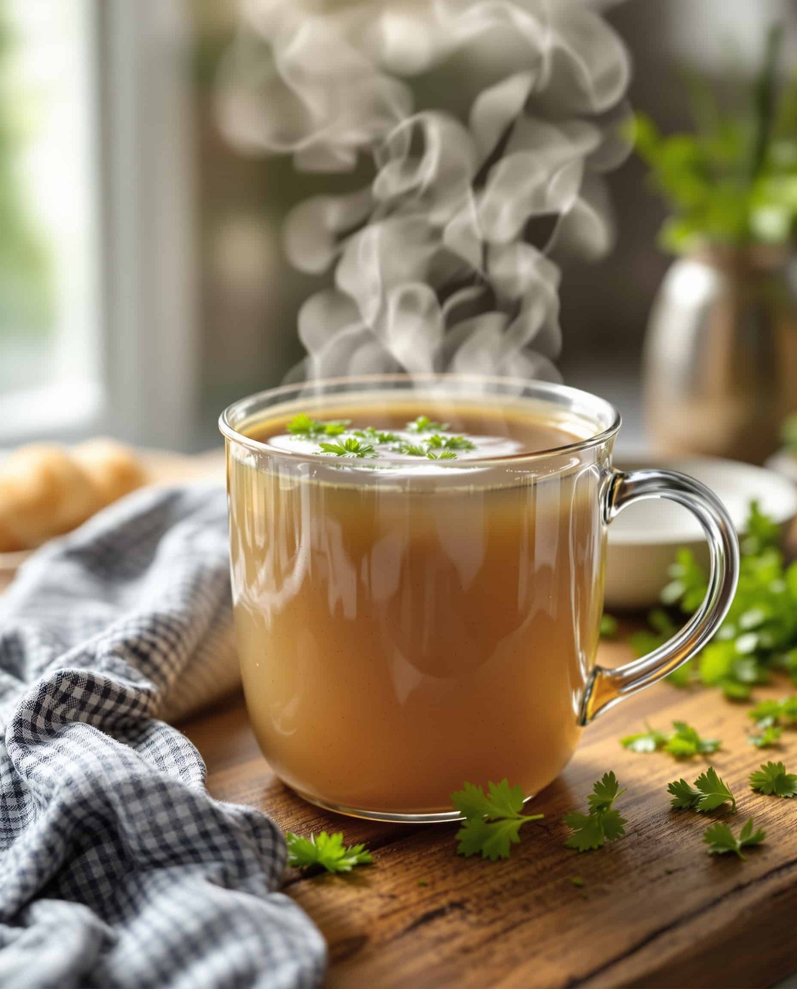 Close-up of ambre-doré bone broth collagen, garnished with fresh herbs.