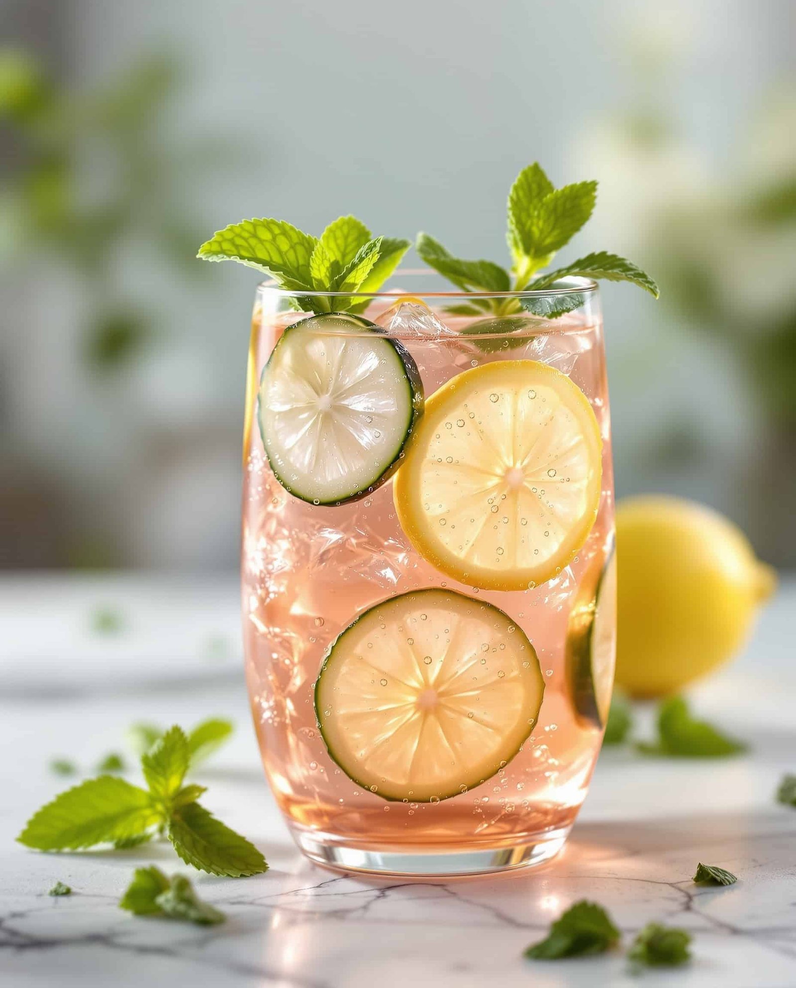 Close-up of rose-transparent celebrity detox drink recipe.