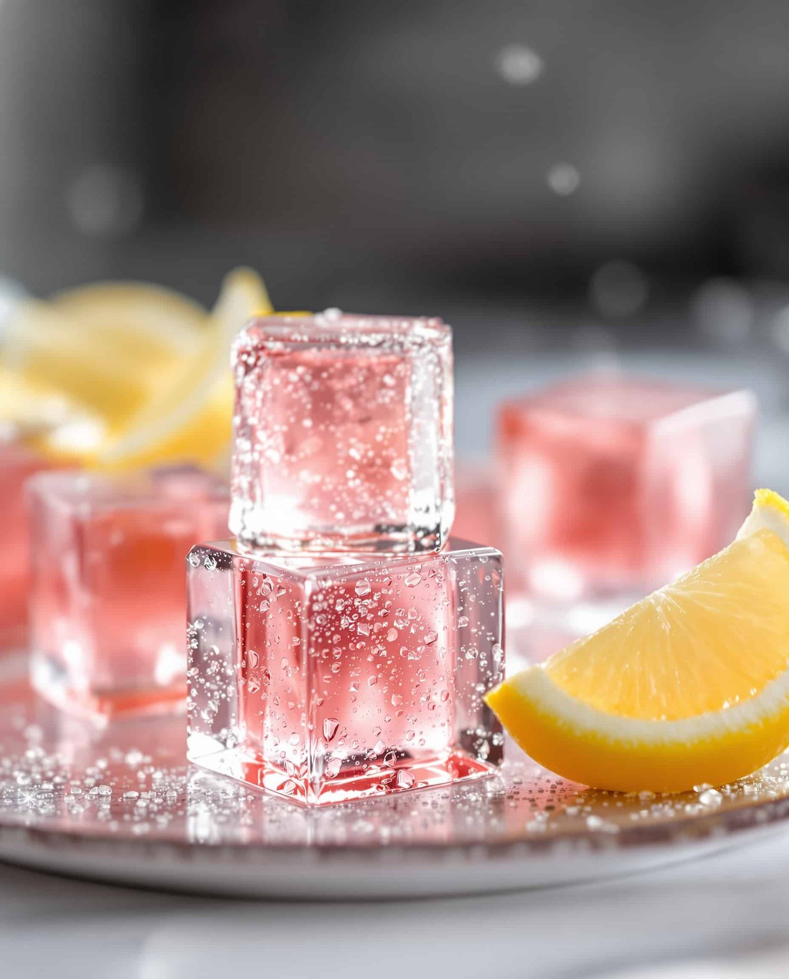 Close-up of jiggly rose clair gelatin cubes with lemon, part of the celebrity gelatin weight loss trick.
