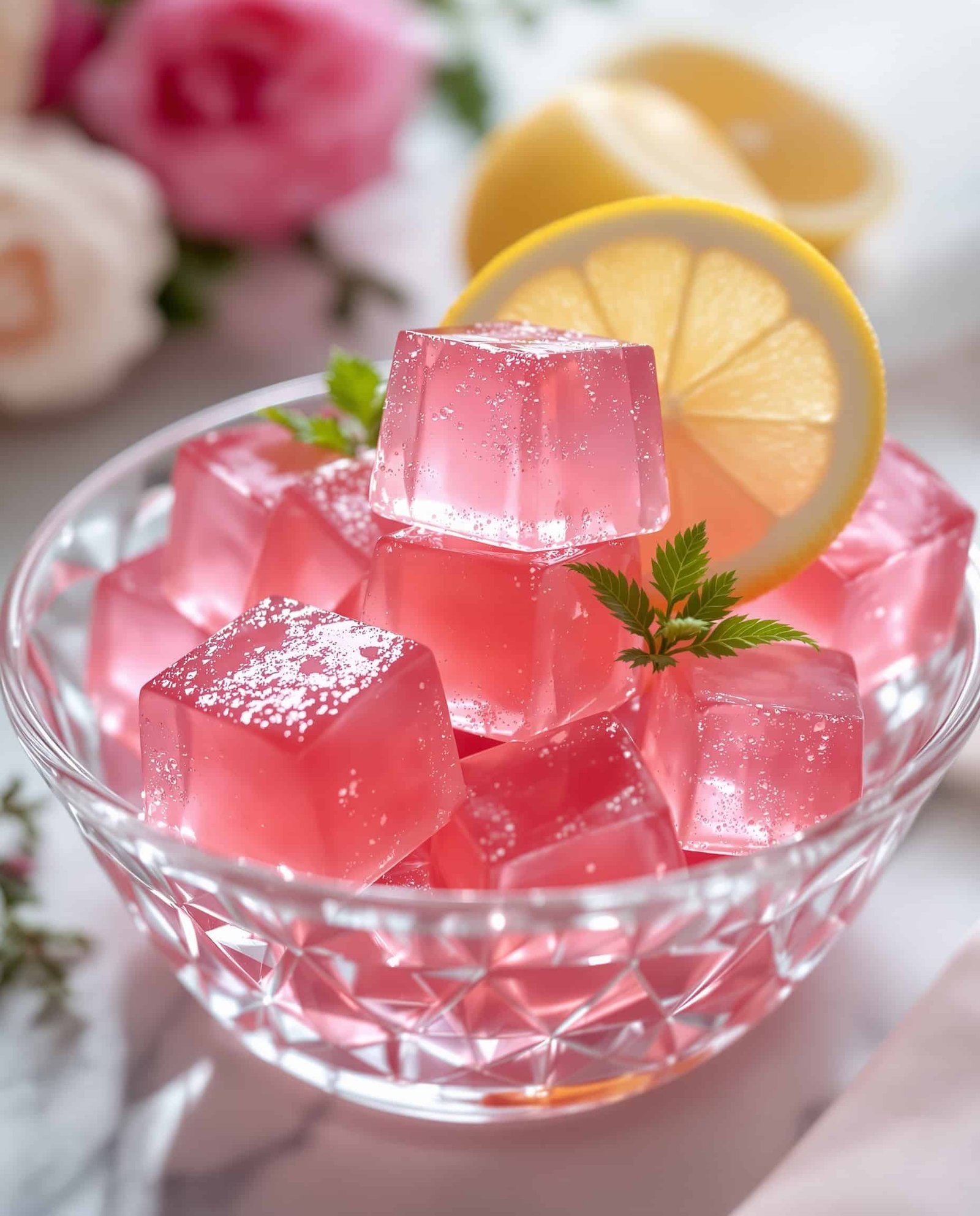 Close-up of rose clair gelatin cubes, a key part of the celebrity gelatin weight loss trick.