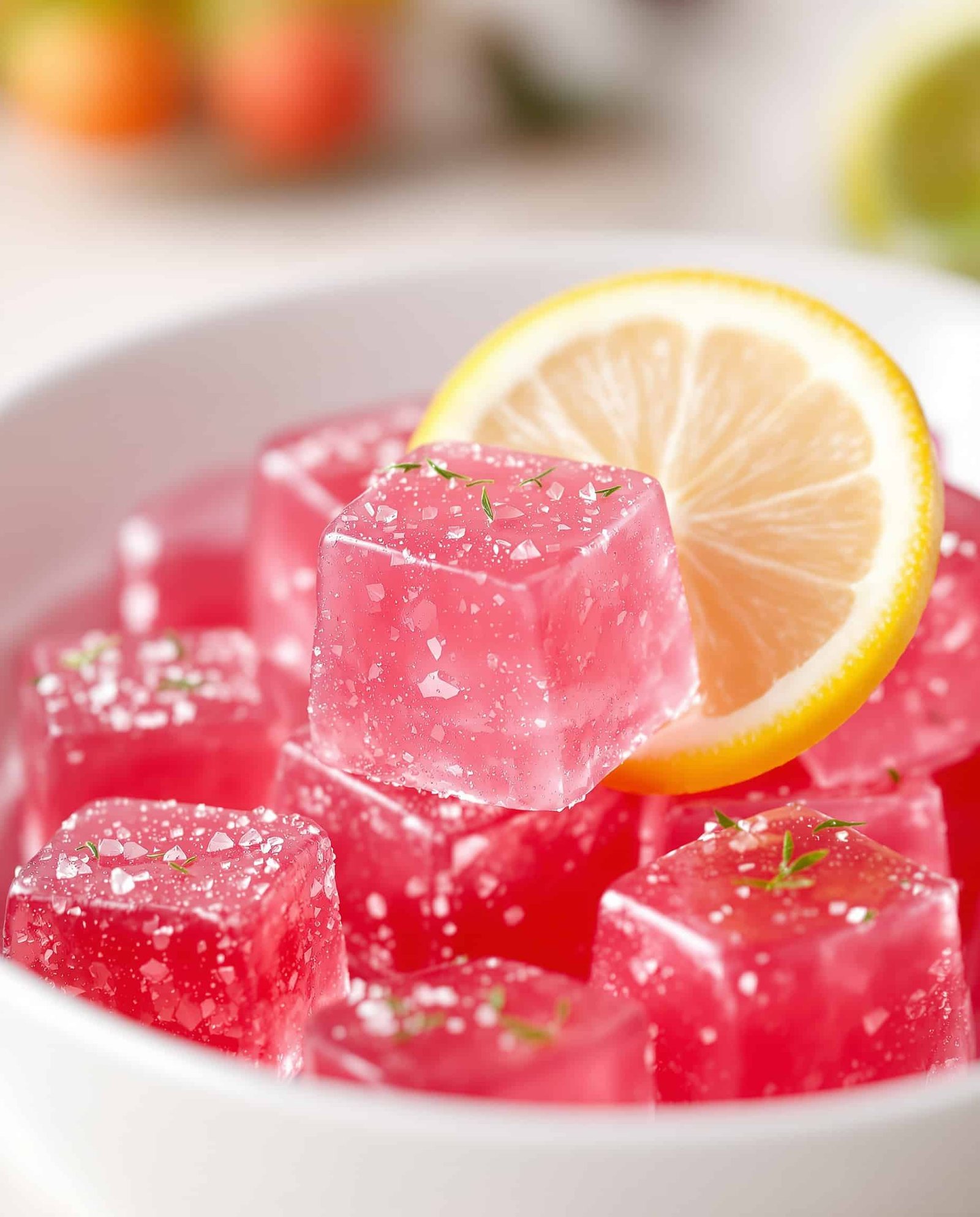 Close-up of rose-rouge gelatin cubes in a white bowl, lemon slice for Dr. Jennifer Ashton recipe.