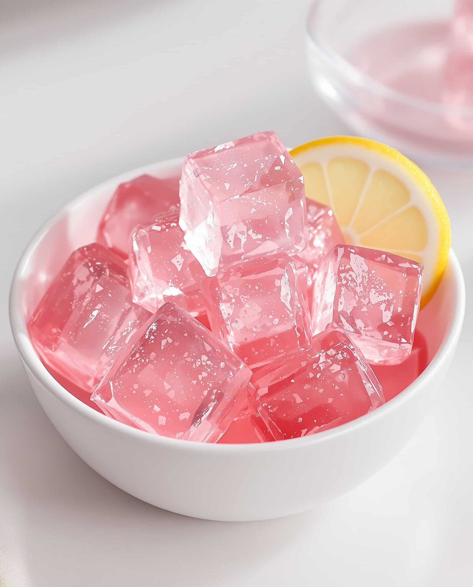 Close-up of rose-transparent pink gelatin cubes and lemon slice from Dr. Oz gelatin recipe.