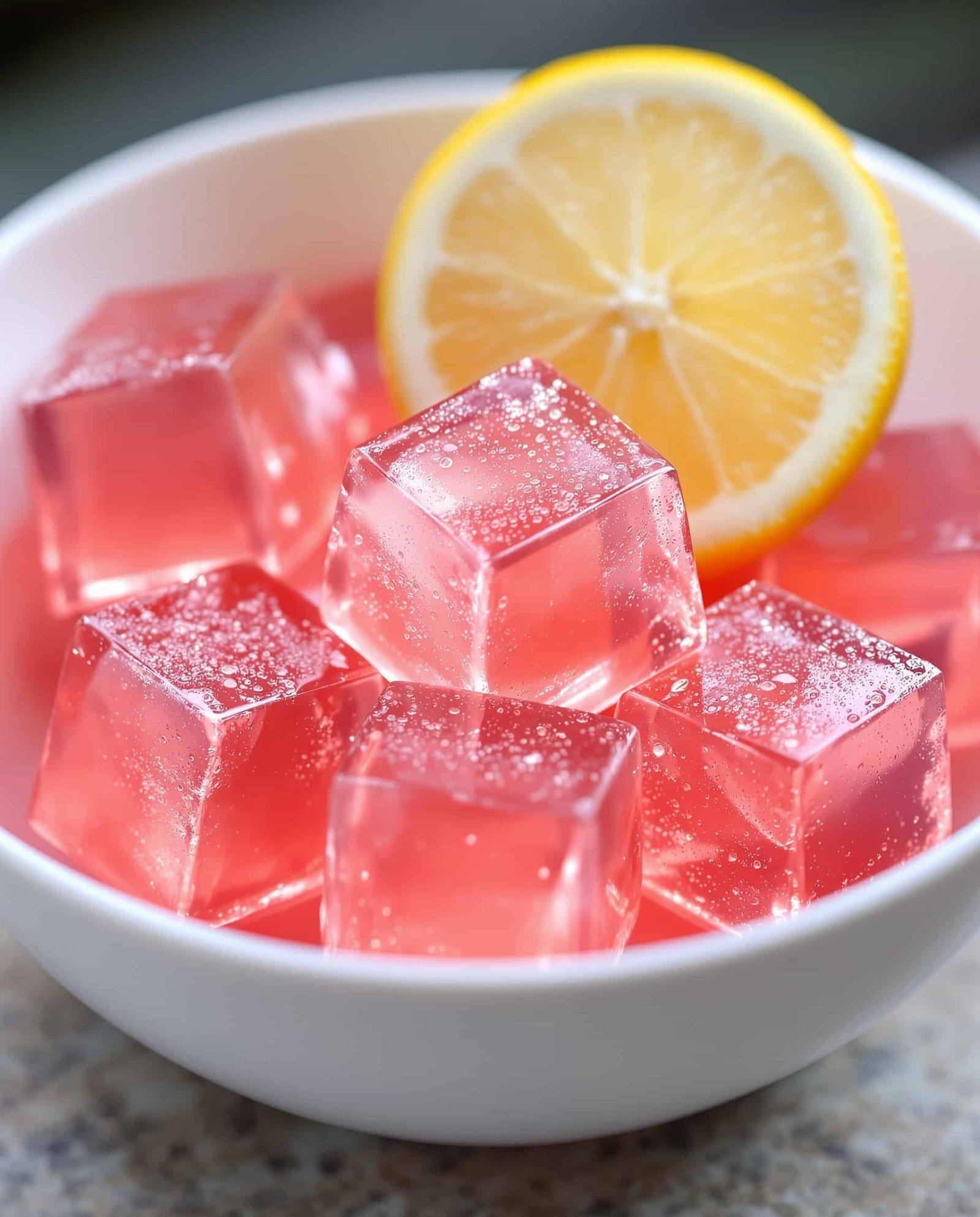 Close-up of rose-transparent pink gelatin cubes, Dr. Oz gelatin recipe weight loss