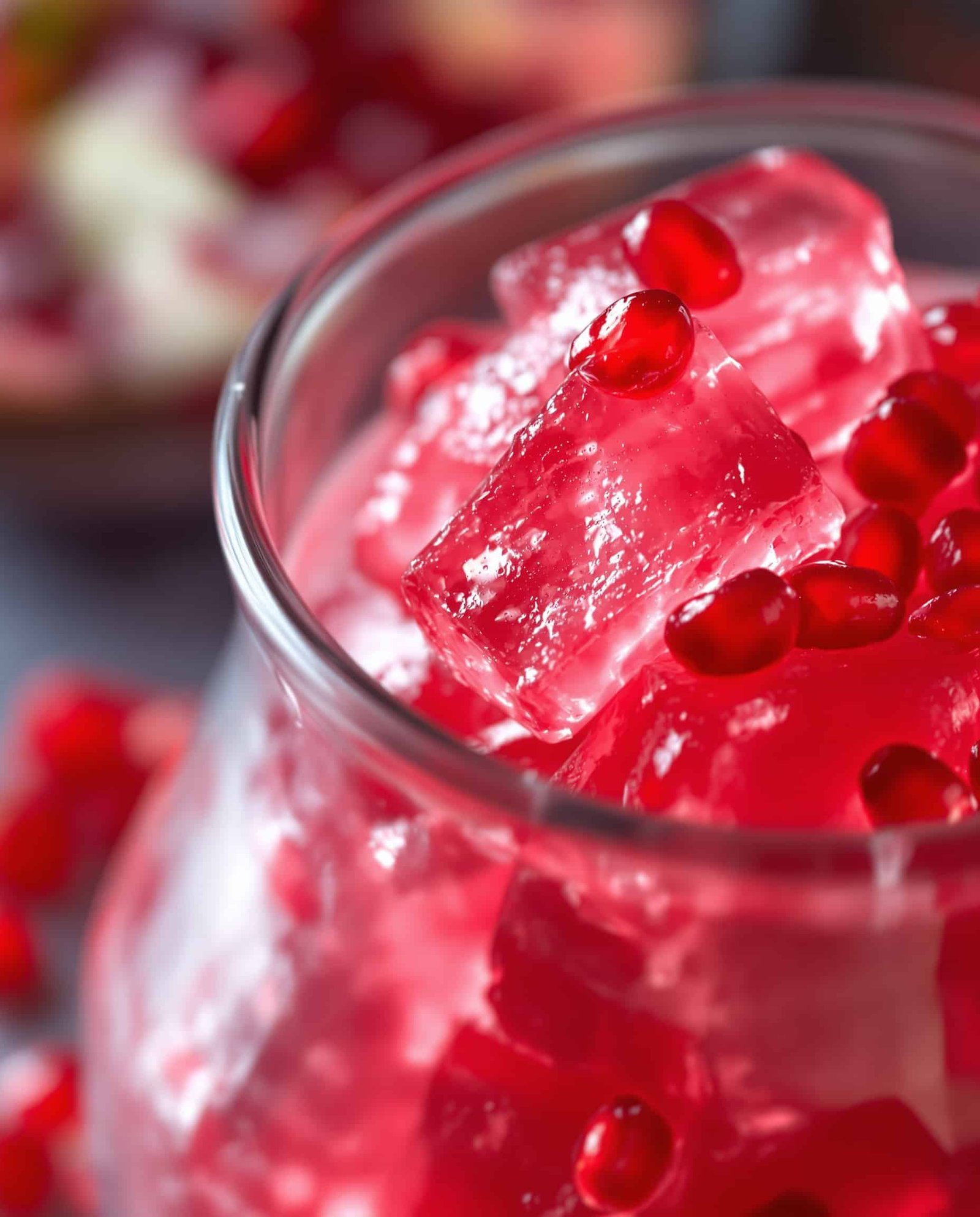 Close up of deep red gelatin cubes with fresh pomegranate seeds, Dr Oz Pink Gelatin Recipe 2026.