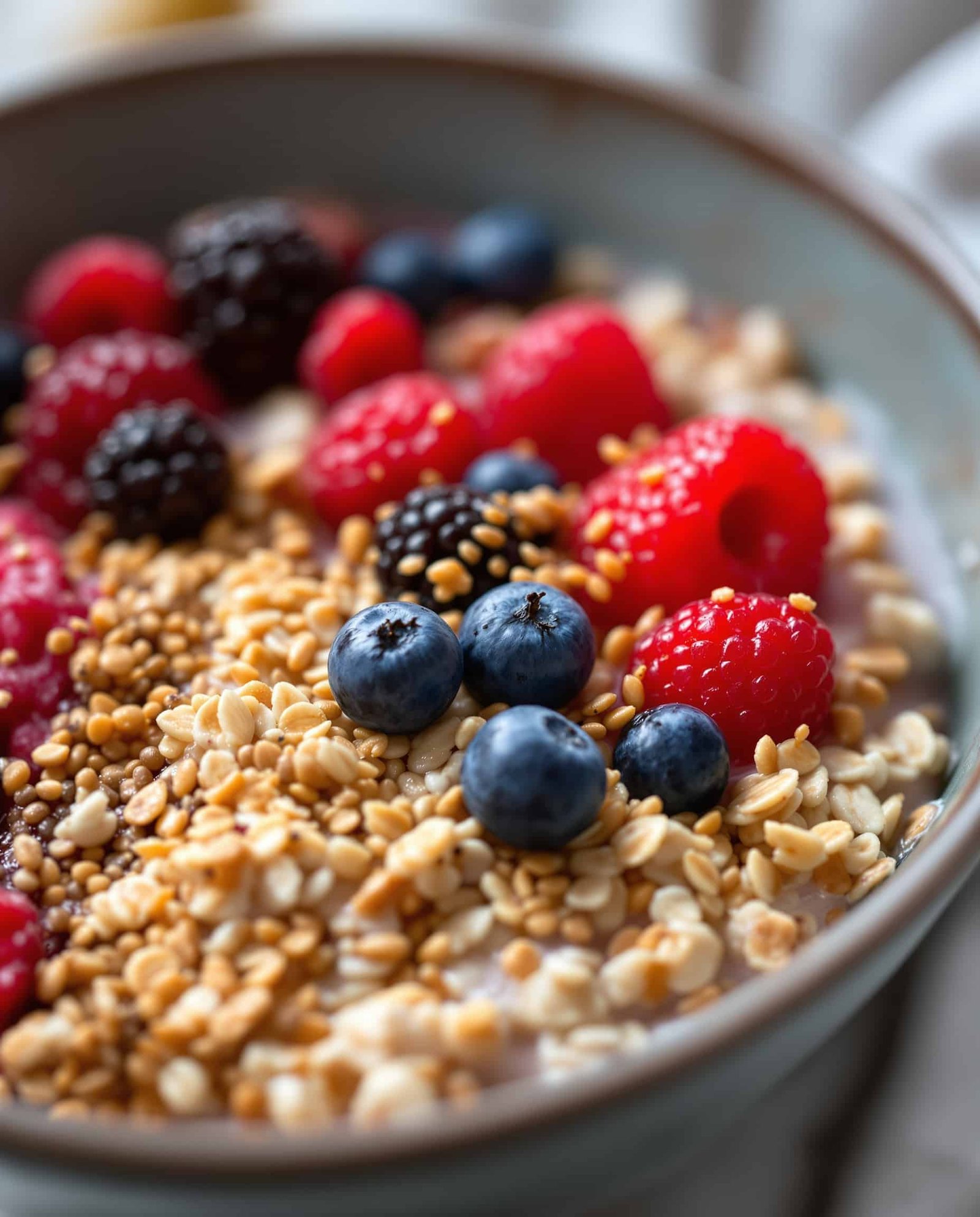 Close-up of multicolore fibermaxxing breakfast recipe featuring oats and berries.