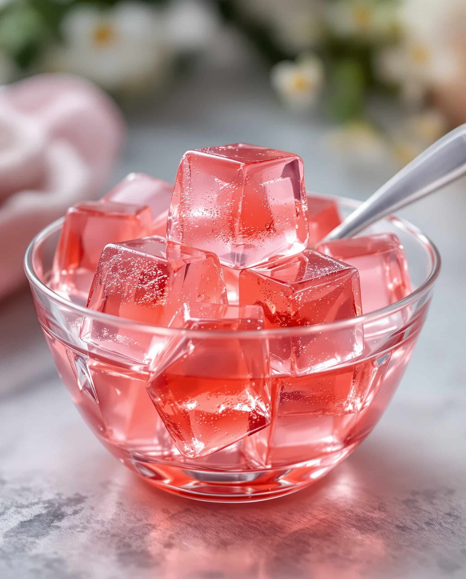 Close-up of rose-transparent firm gelatin appetite suppressant cubes.
