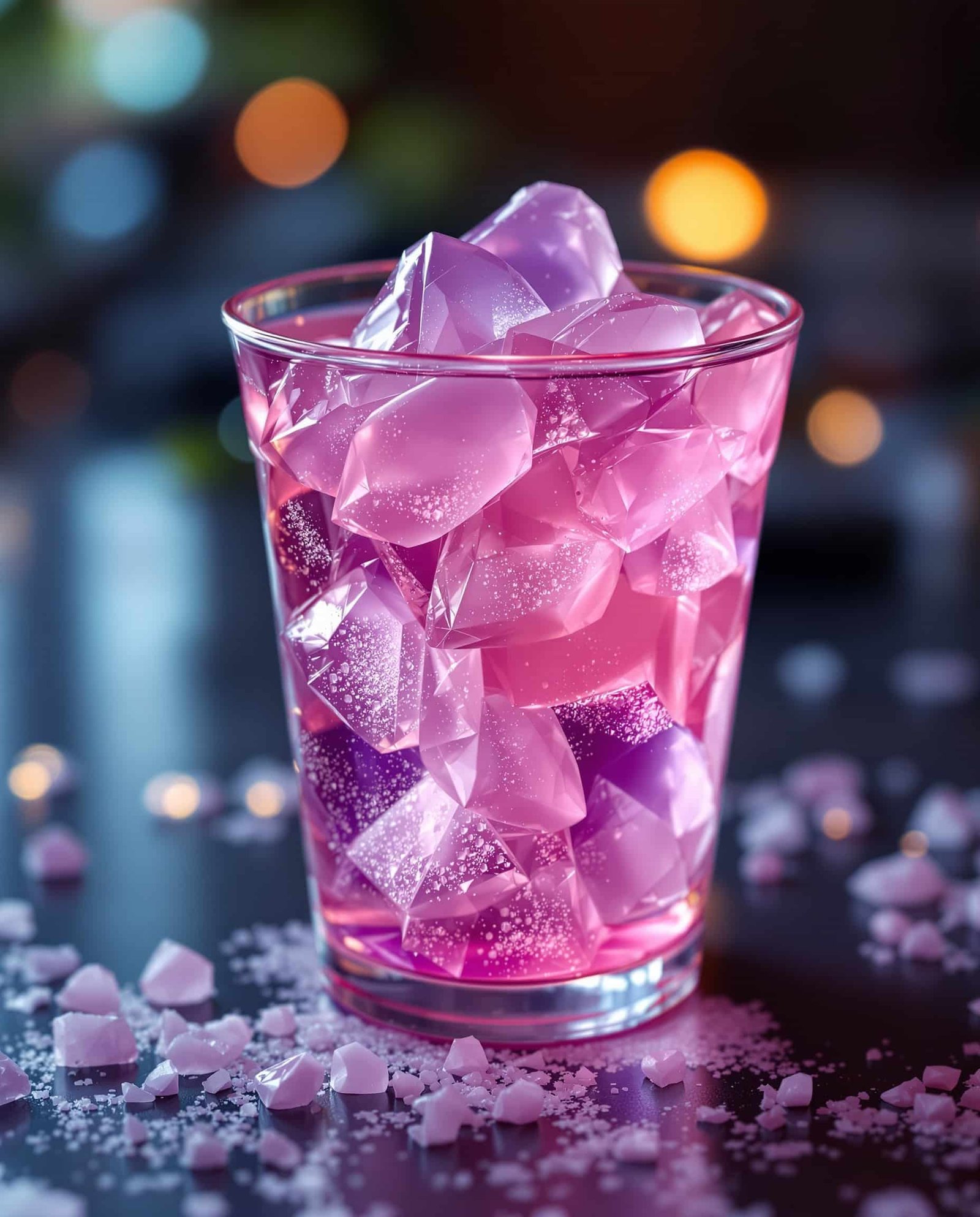 Close-up of jiggly violet-rose gelatin in a clear cup, weight loss recipe.