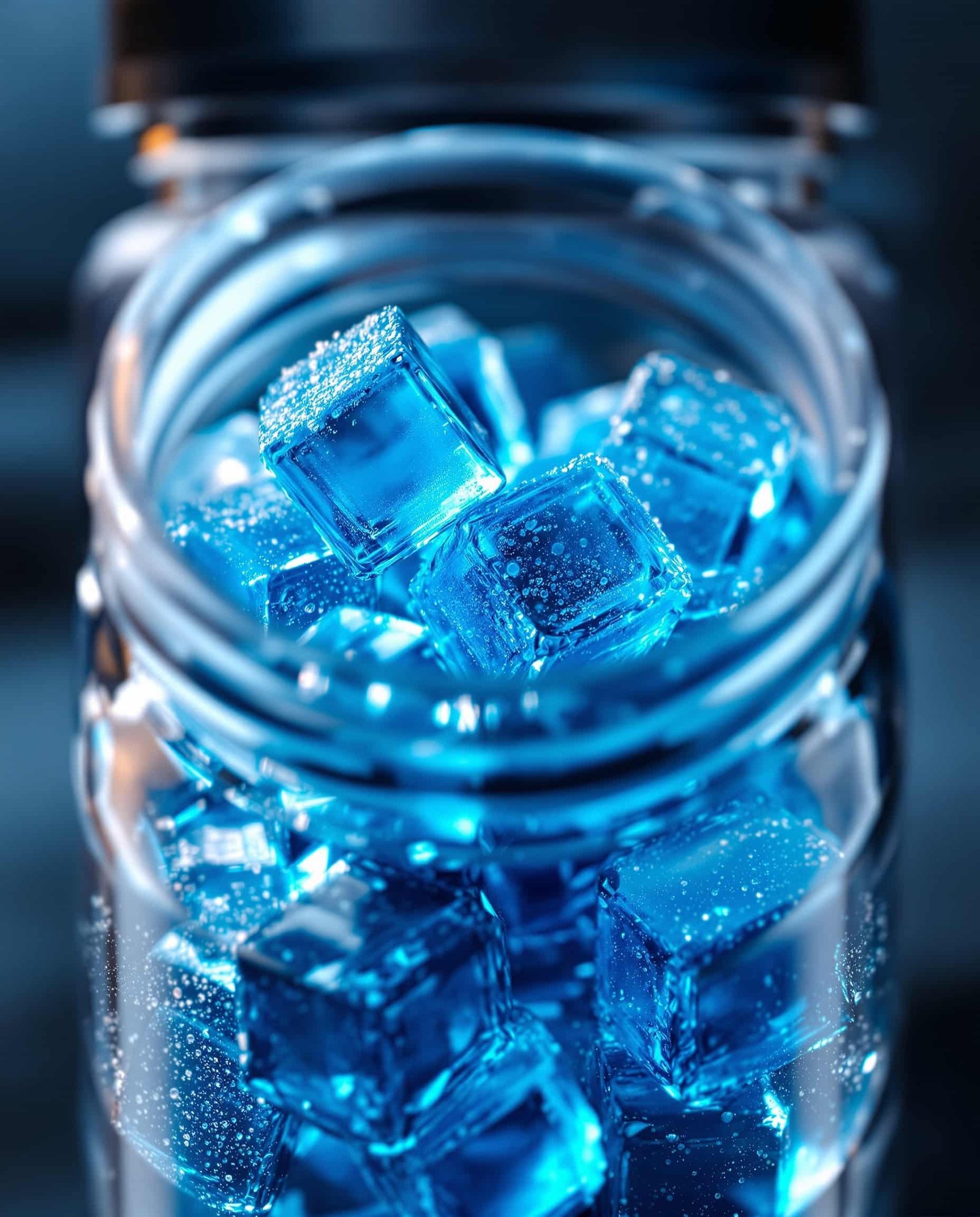 Close-up of jiggly bleu-transparent gelatin electrolyte cubes.