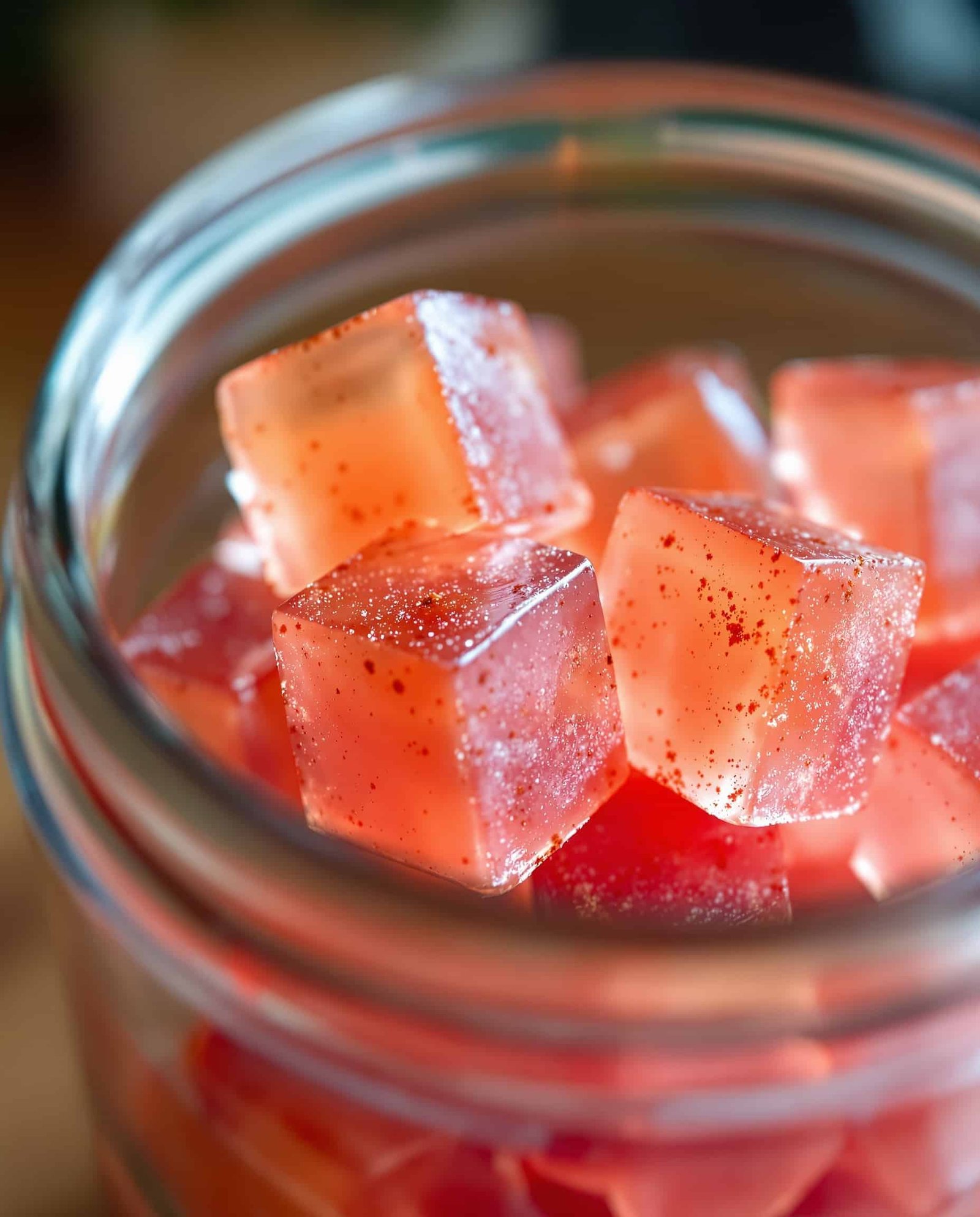 Close-up of orange-rose cayenne gelatin cubes for weight loss.