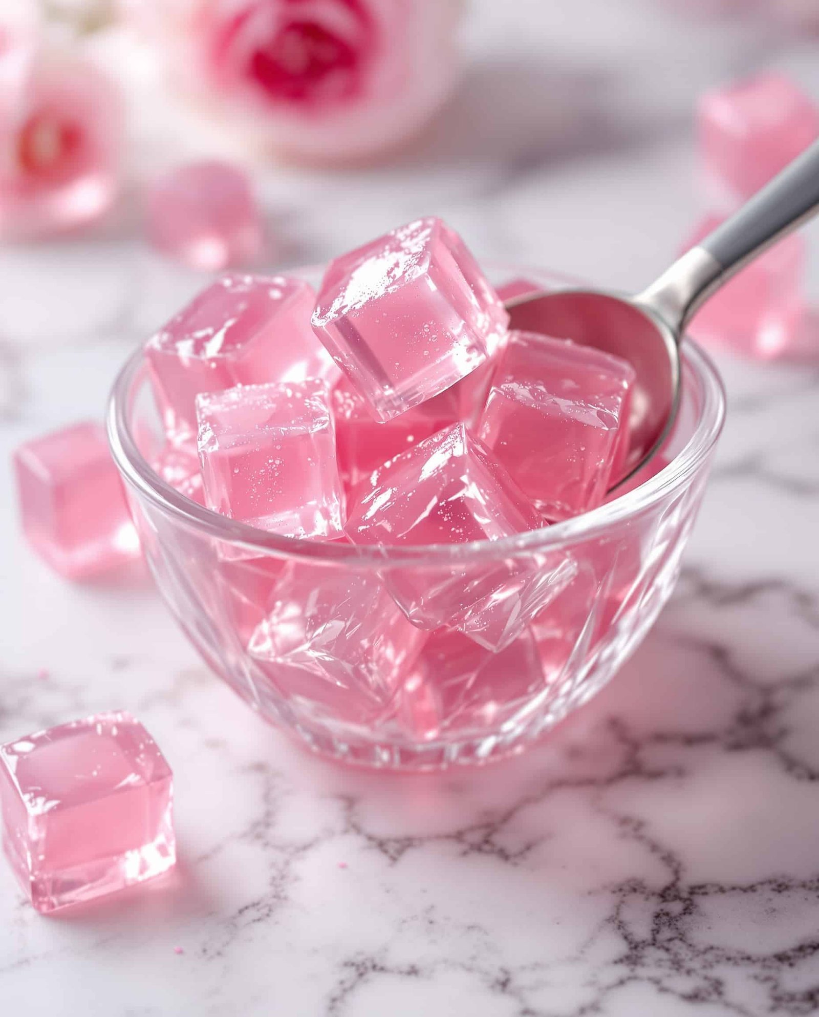 Close-up of rose-nacré gelatin cubes, high-protein collagen snack.