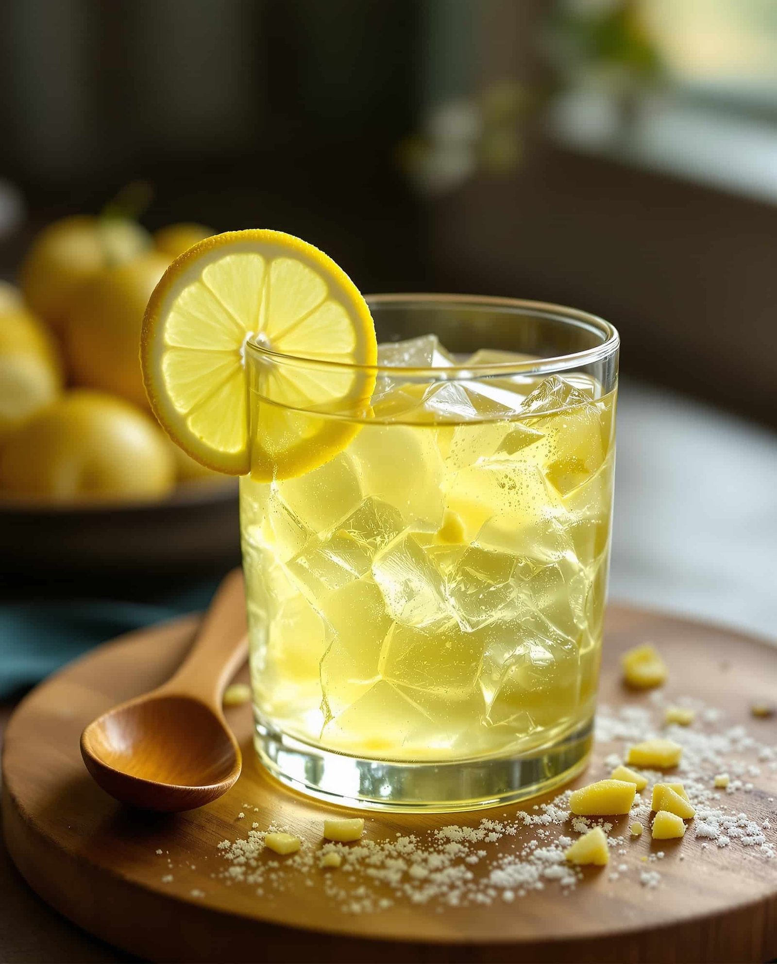 Close-up of jaune-vert gelatin trick with ginger lemon.