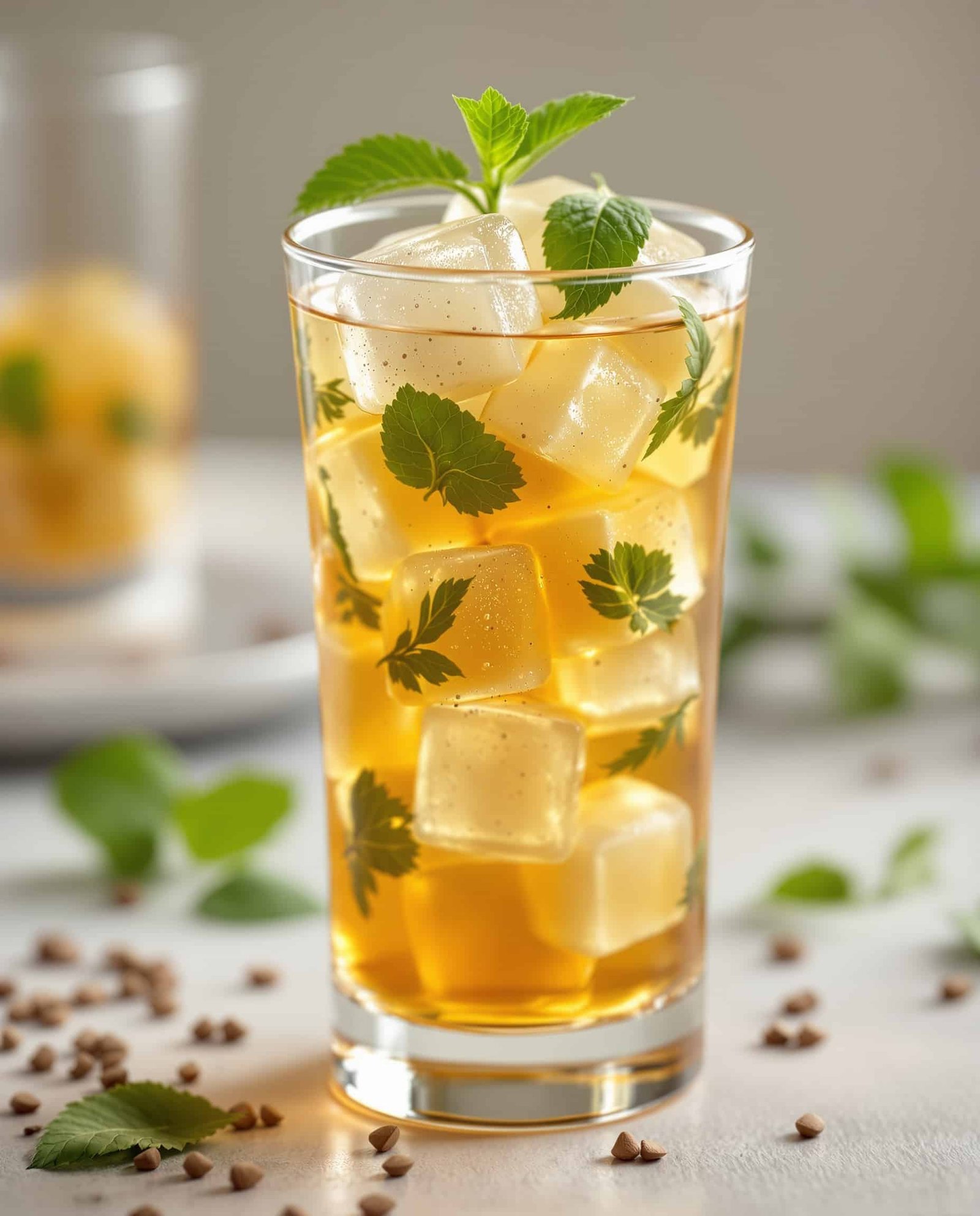 Close-up of jiggly vert-ambre herbal tea bag gelatin cubes for the gelatin trick.