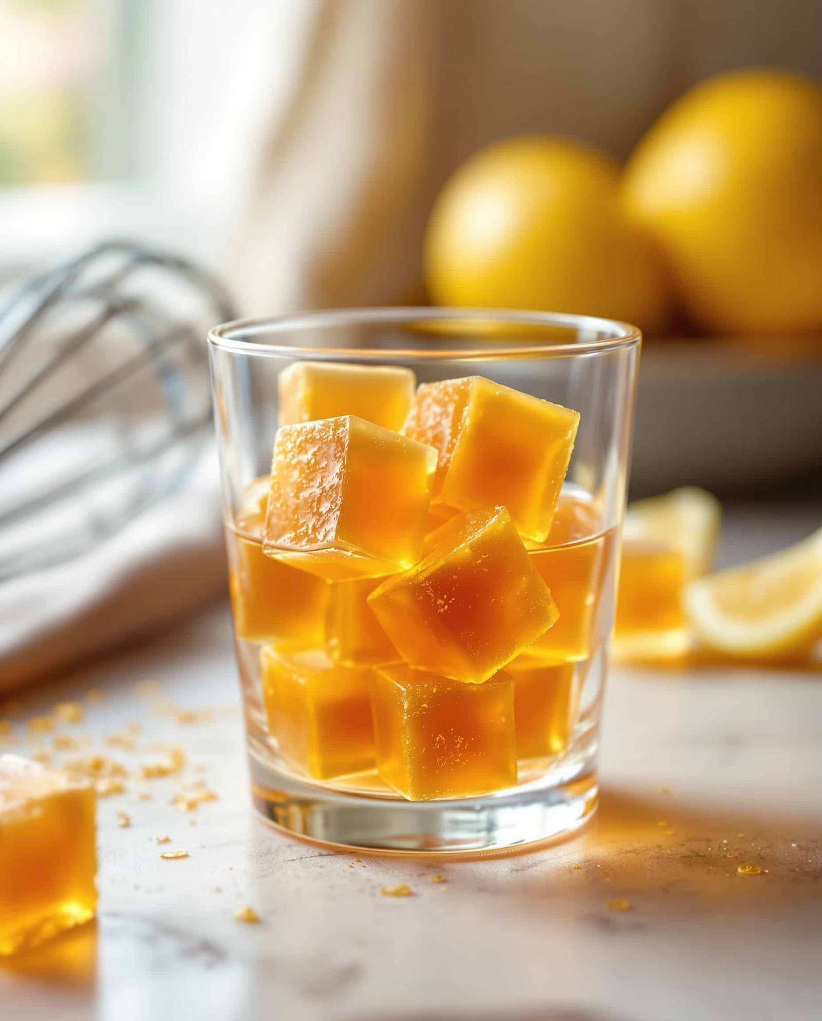 Close-up of jiggly ambre-doré gelatin trick with apple cider vinegar cubes.