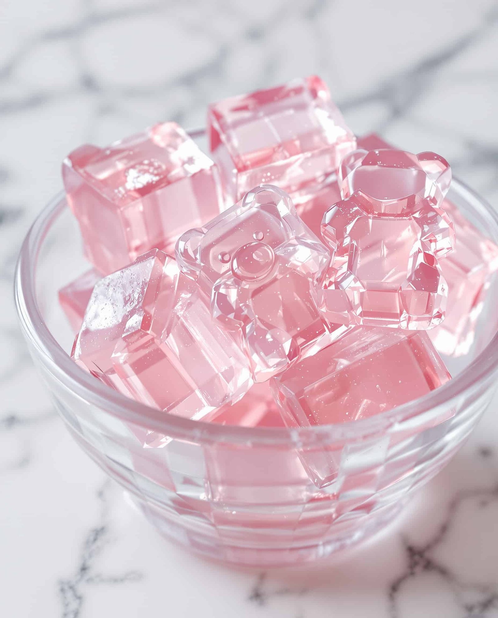 Close-up of rose transparent jiggly cubes, Jillian Michaels Jello Diet Recipe.
