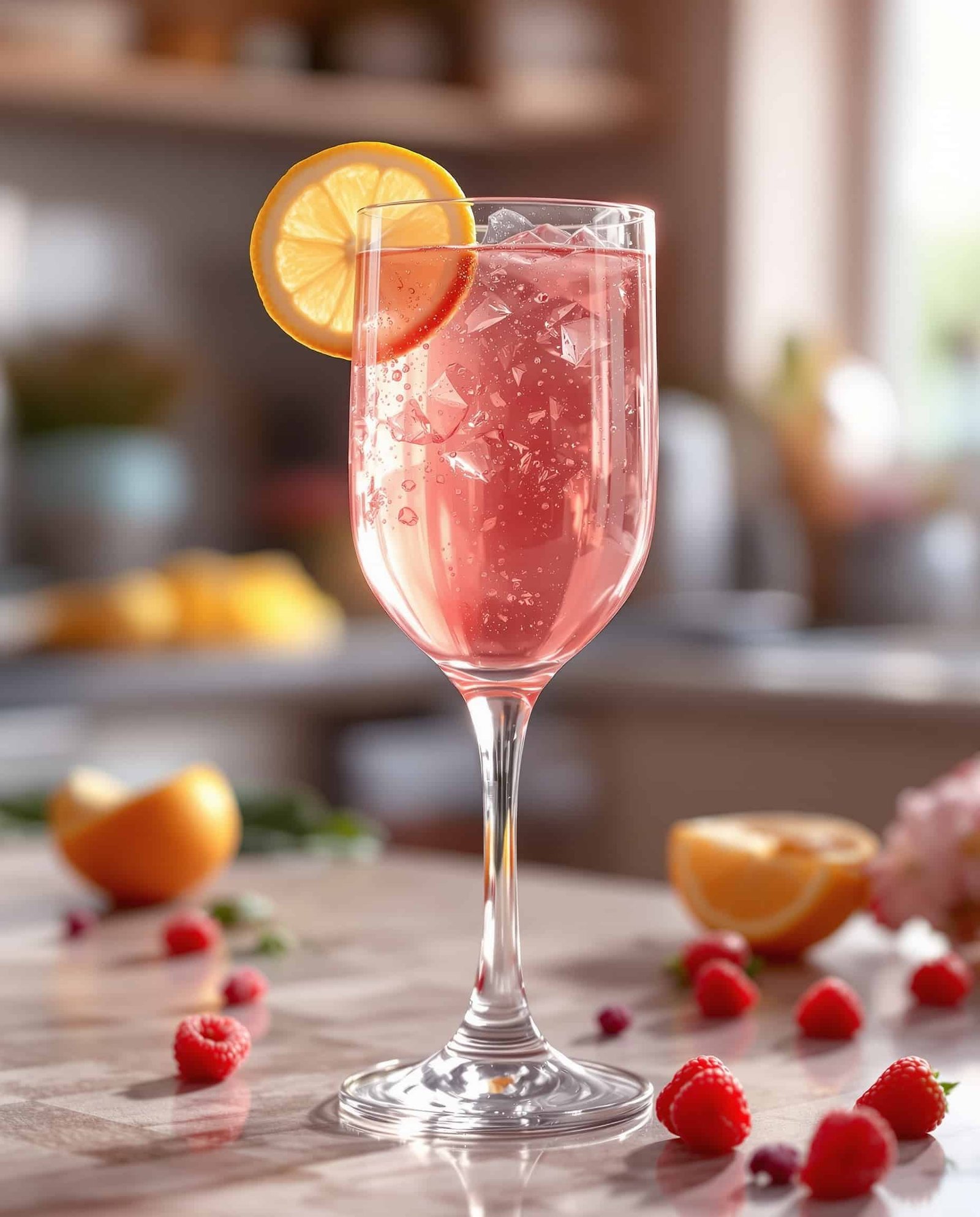 Close-up of pink Kelly Clarkson weight loss drink, lemon.