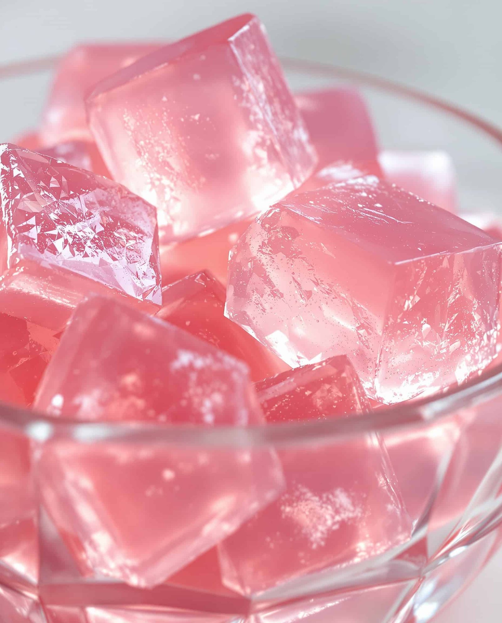 Close-up of rose-transparent Knox gelatin weight loss recipe cubes.