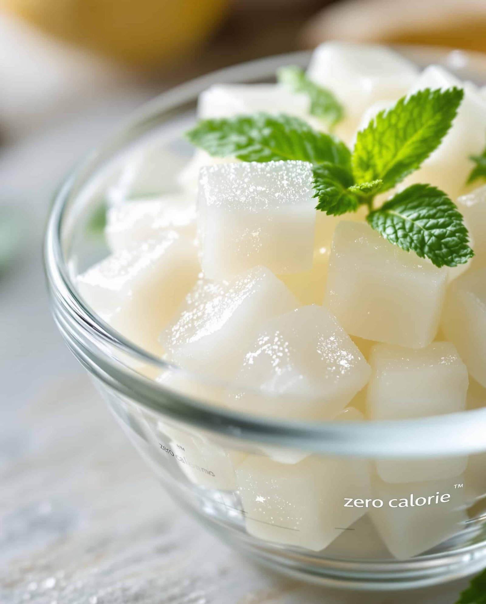 Close-up transparent-blanc konjac cubes for weight loss.