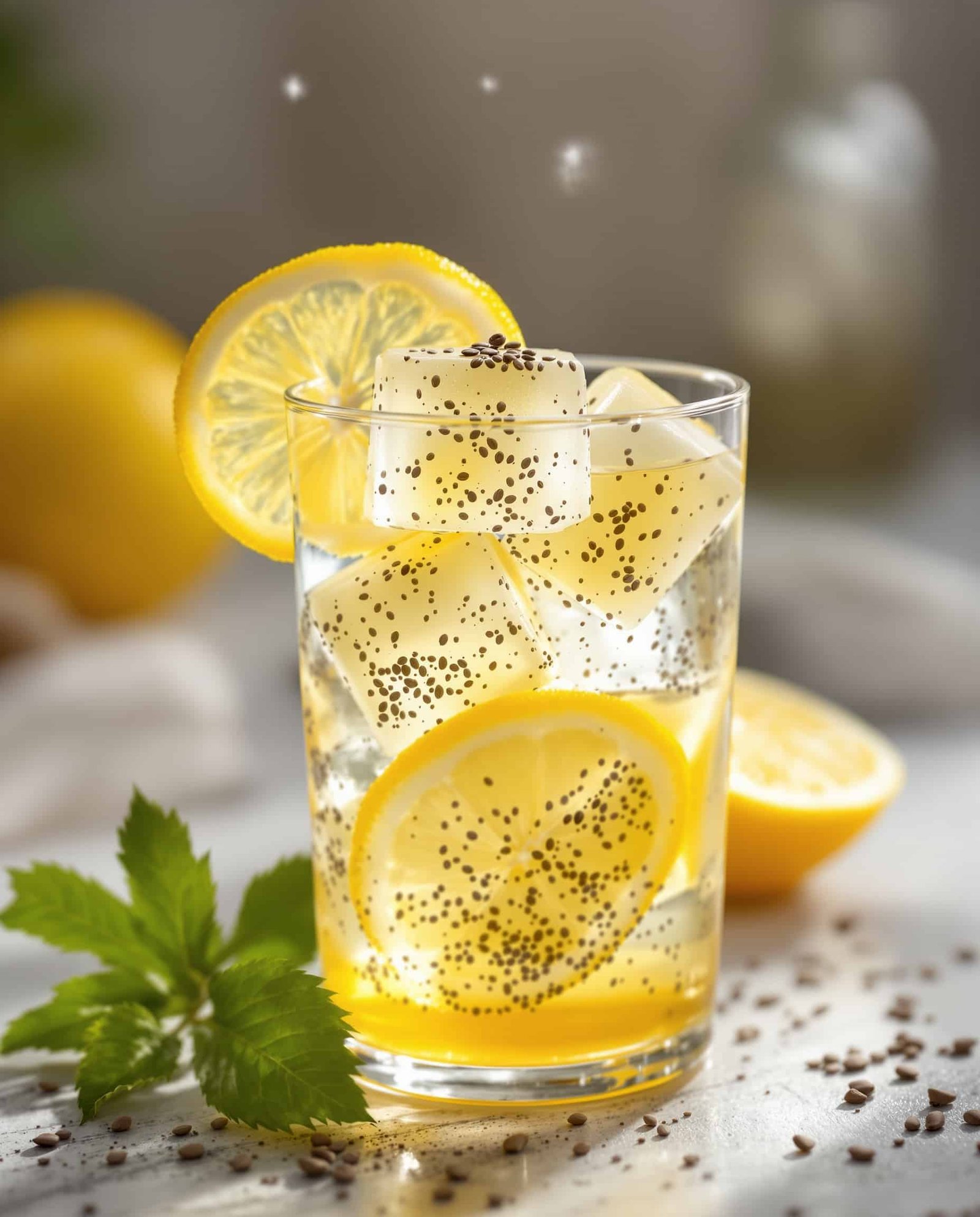 Close-up of jiggly ambre-doré 'Natural Ozempic' gelatin cubes with chia and lemon.