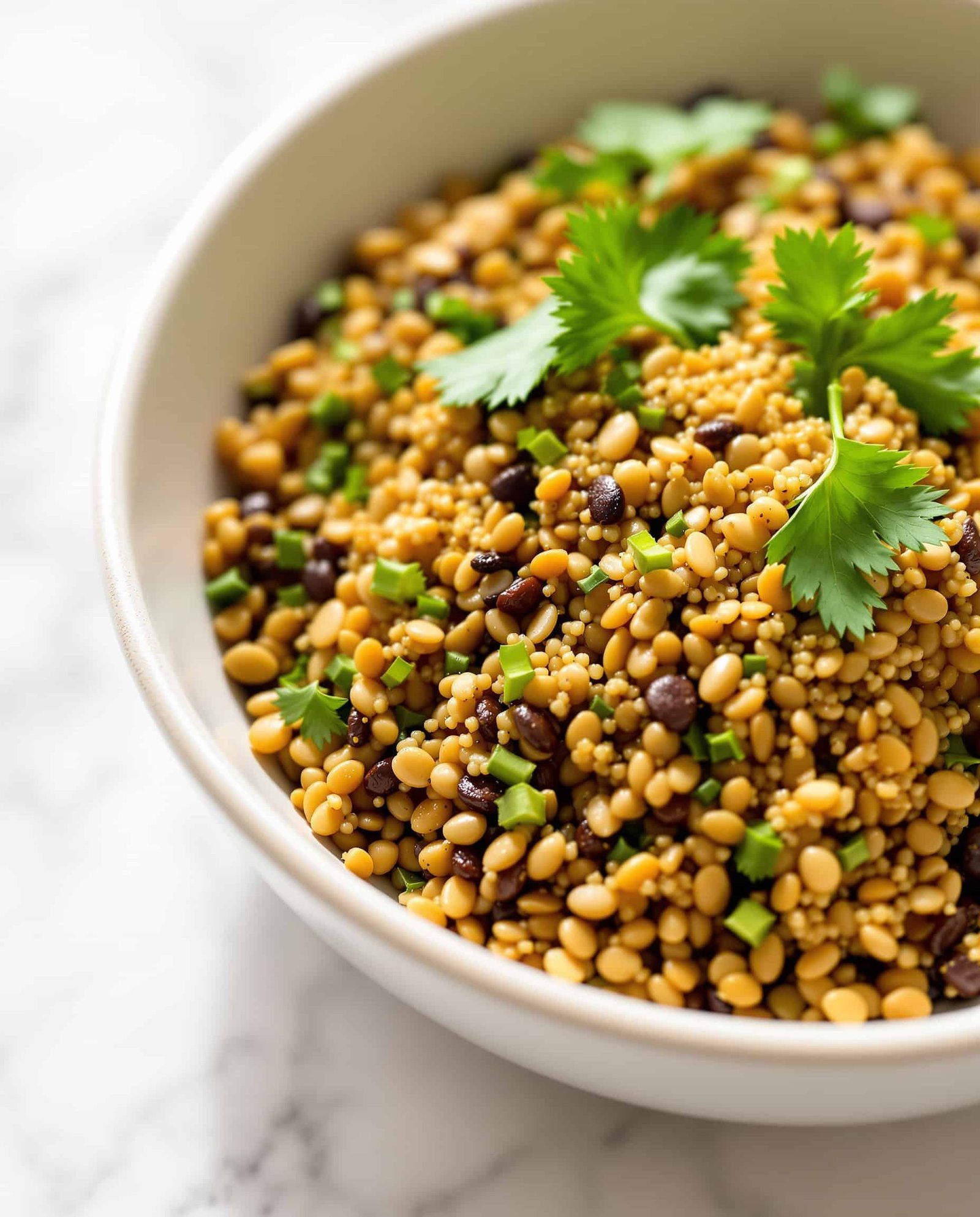 Close-up of a vert-beige protein fiber combo recipe with seeds.